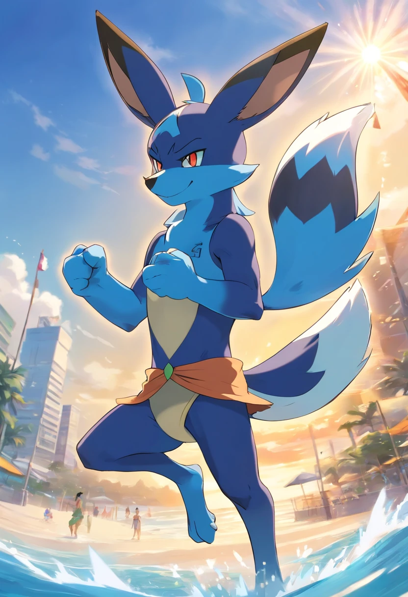 lucario, A pokémon, furry, manly, well-muscled, posing, Very huge bikini bulge,