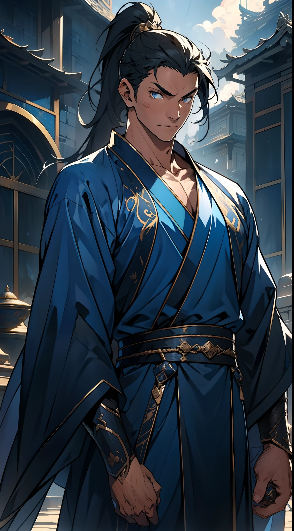 quadratic element,style of anime,mtu(Male Warrior),The proportions are correct,Face details,swordsmen,High ponytail hairstyle,Neck details,There is an Adam's apple,Blue suit,kaftan,long blue robes,clothes details,Handing over,longer sleeves,Game quality,Swordsmanship,Light and shadow tracking,Ray traching,detailed glow,cg render,hair detail,Black long hair,blue colored eyes,Handsome,Handsome,(juvenile sense),Clothing is complicated,Perfectcomposition,Refinement,high qulity,higher details,Lots of details,The background is complex,a sense of atmosphere,