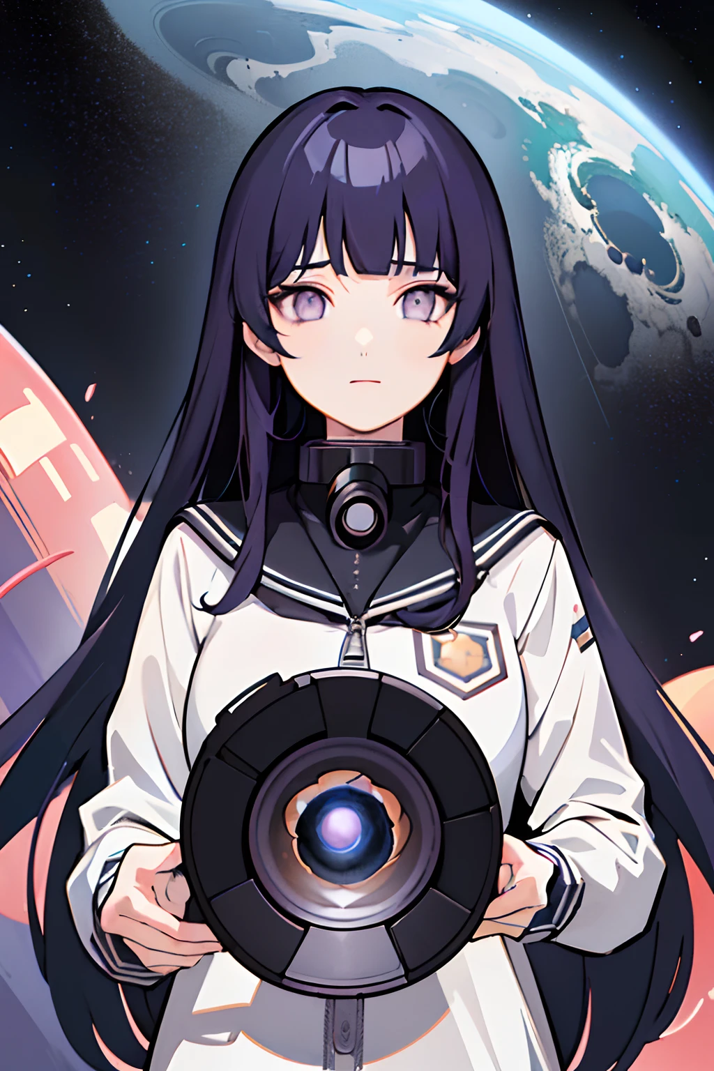best quality, (masterpiece), Ultra-detailed, (novel illustration:1.2), (korean webtoon style:1.2), (bold line), (highres:1.2), dramatic light, 1girl, observatory, looking at space through long Telescope, space, planets, falling stars, light lines among planets, looking above, beutiful face, cogwheels,Blunt Bangs, purple eyes, long curly dark blue hair,a girl