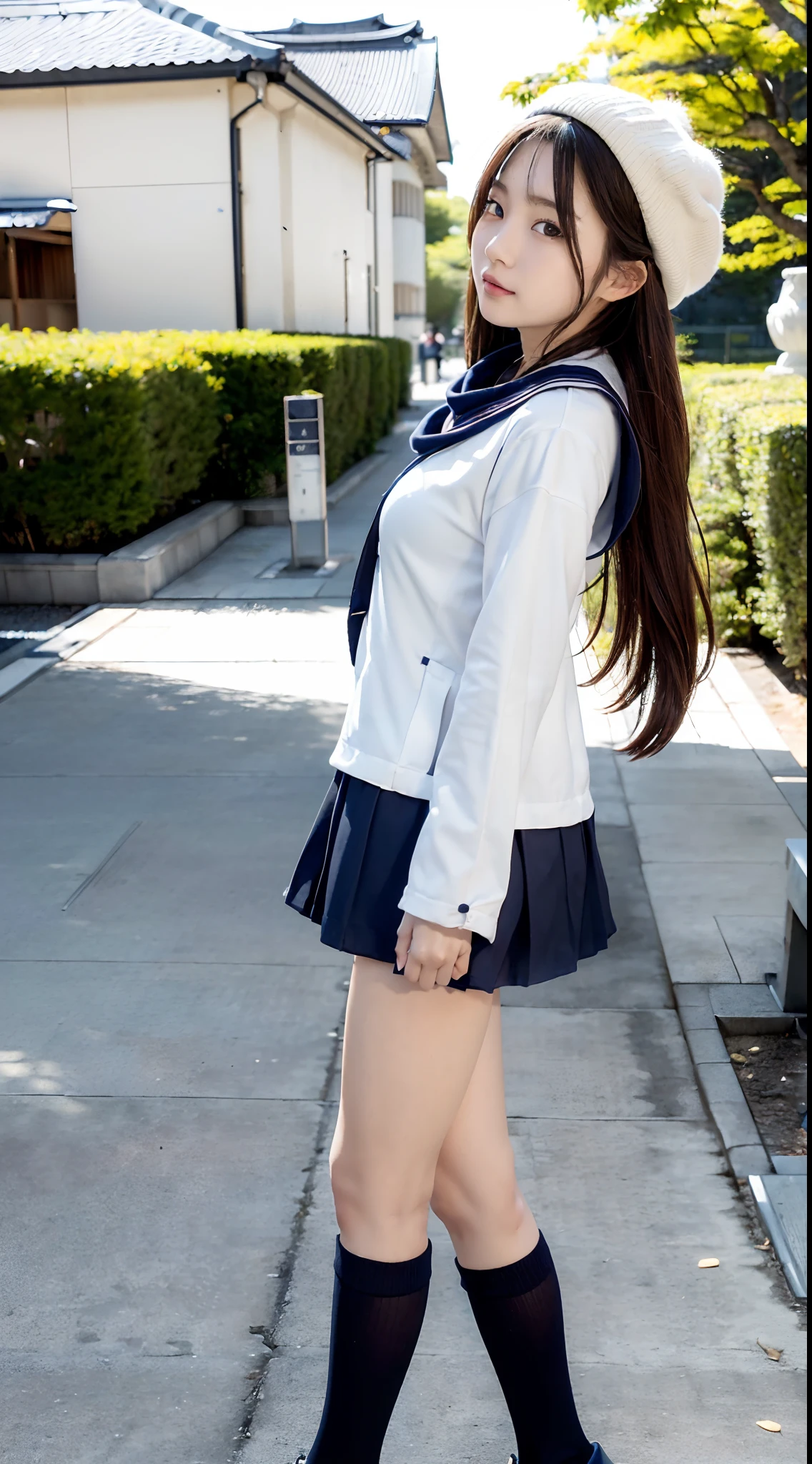 mix4, (16 K, Raw photography, Top image quality, ​masterpiece: 1.45), (realisitic, Photorealsitic: 1.37), one girls, 7．5, etc、Random hairstyle、Standing figure，Morning time slot、a very cute,a park,, profetional lighting, photon maping、physically-based renderingt, Gradient dark brown hair,, a handsome, Well-groomed and beautiful eyes、Large double eyelids、Very shiny、girl with, (((student clothes、Winter clothes、Sailor suit worn by Japan schoolgirl、Navy blue sailor color、scarf、a miniskirt, Small beret、high socks、lowfers))), Top Quality Photos, hight resolution, 1080p, (clearface), (Detailed face description), (Detailed hand description), (​masterpiece), (Exquisite CG)、extreme light and shadows、dishevled hair、master work、abundant detail、(Fine facial features)、(top quality photo)、(masuter piece)、(A detailed eye)、Look in front of you、Fine clavicle、((Slender big))、(((Japan schoolgirl in sailor suit)))、((Ready Idol System))、((a park、Slide、The fountain、seesaw))、(((neat and cute)))、耳Nipple Ring、A big smile、Drawing the whole body from the knees、Do not draw nasolabial folds、(((Cute sailor suit)))、(Big breasts that hang down big:1.2)、Big buttocks with tension、Two arms and two legs、(((from the front side:1.9)))、bare hand、No mask、