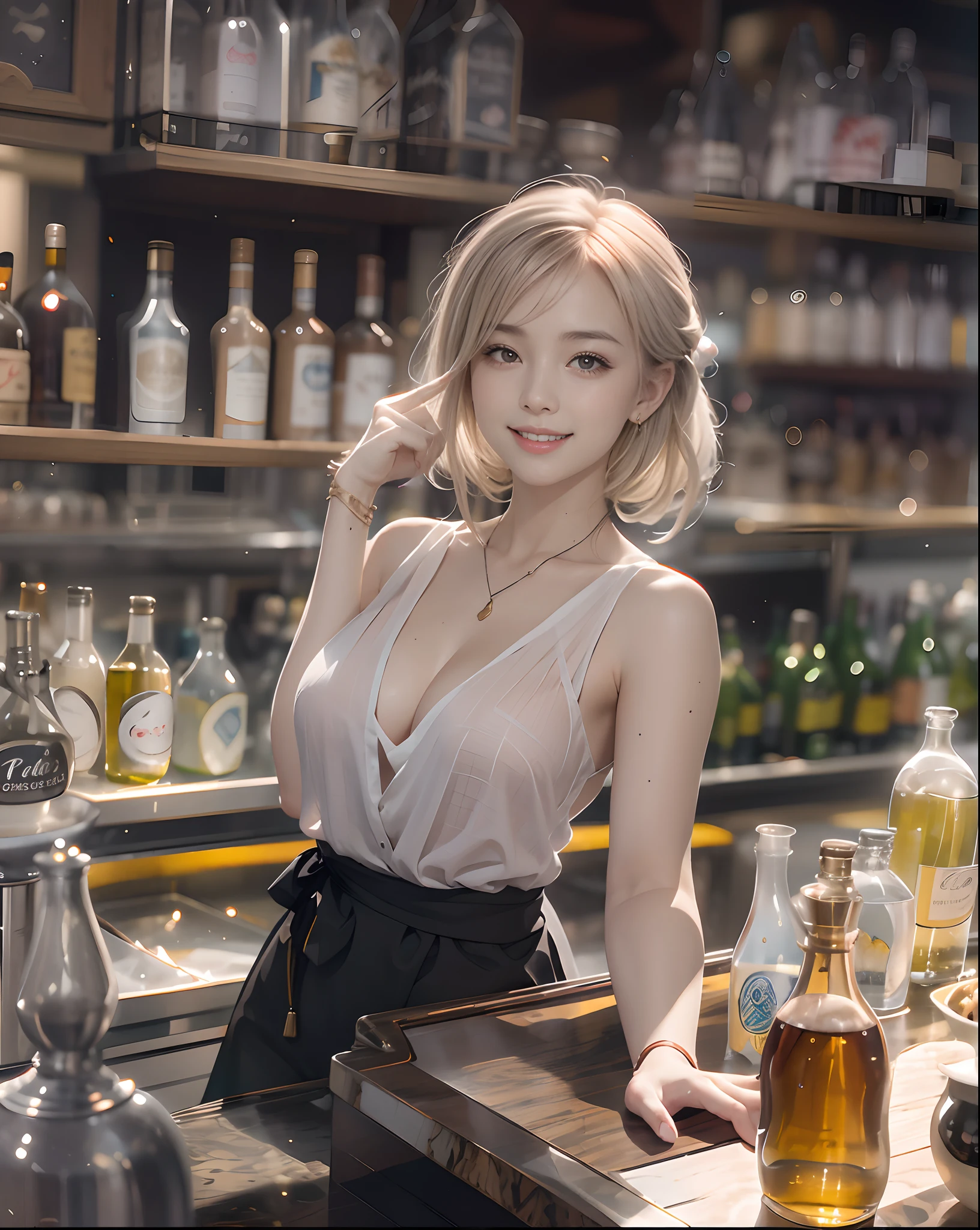 Have a business card、masutepiece、hight resolution、barista、Bar clerk、30-year-old girl、Smiling at the camera、Finish as shown in the photo、the skin is white and beautiful、inner colored、the skin is white and transparent、A slender、Cleavage is visible。Paws are thin and beautiful、Bar counter in the background、Bottles of liquor are lined up in the background、