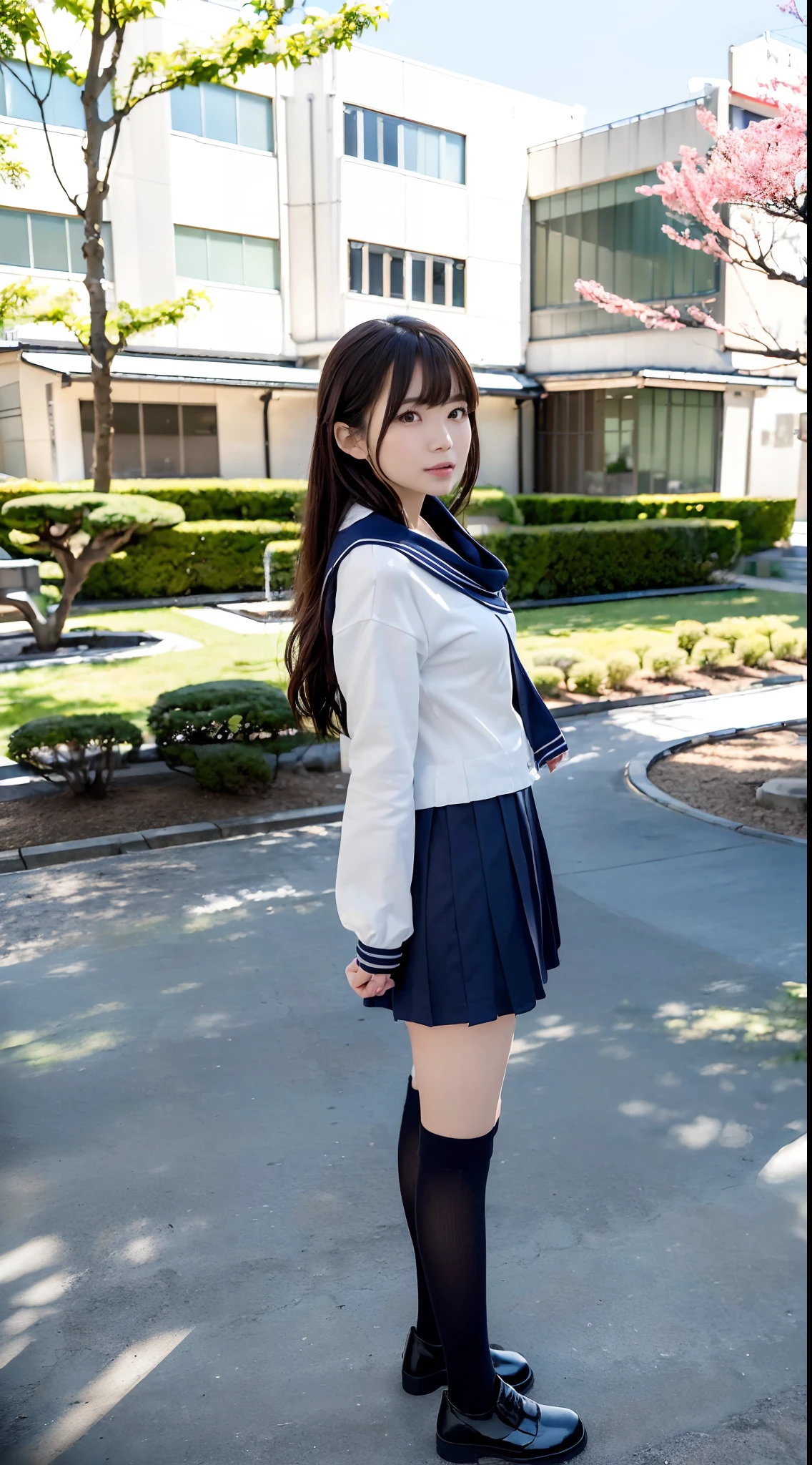 mix4, (16 K, Raw photography, Top image quality, ​masterpiece: 1.45), (realisitic, Photorealsitic: 1.37), one girls, 7．5, etc、Random hairstyle、Standing figure，Morning time slot、a very cute,a park,, profetional lighting, photon maping、physically-based renderingt, Gradient dark brown hair,, a handsome, Well-groomed and beautiful eyes、Large double eyelids、Very shiny、girl with, (((student clothes、Winter clothes、Sailor suit worn by Japan schoolgirl、Navy blue sailor color、scarf、a miniskirt, Small beret、high socks、lowfers))), Top Quality Photos, hight resolution, 1080p, (clearface), (Detailed face description), (Detailed hand description), (​masterpiece), (Exquisite CG)、extreme light and shadows、dishevled hair、master work、abundant detail、(Fine facial features)、(top quality photo)、(masuter piece)、(A detailed eye)、Look in front of you、Fine clavicle、((Slender big))、(((Japan schoolgirl in sailor suit)))、((Ready Idol System))、((a park、Slide、The fountain、seesaw))、(((neat and cute)))、耳Nipple Ring、A big smile、Drawing the whole body from the knees、Do not draw nasolabial folds、(((Cute sailor suit)))、(Big breasts that hang down big:1.2)、Big buttocks with tension、Two arms and two legs、(((from the front side:1.9)))、bare hand、No mask、
