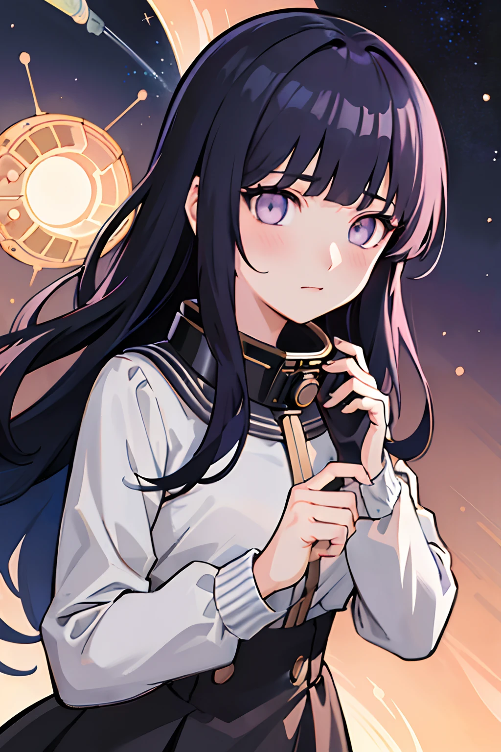 best quality, (masterpiece), Ultra-detailed, (novel illustration:1.2), (korean webtoon style:1.2), (bold line), (highres:1.2), dramatic light, 1girl, observatory, looking at space through long Telescope, space, planets, falling stars, light lines among planets, looking above, beutiful face, cogwheels,Blunt Bangs, purple eyes, long curly dark blue hair,a girl