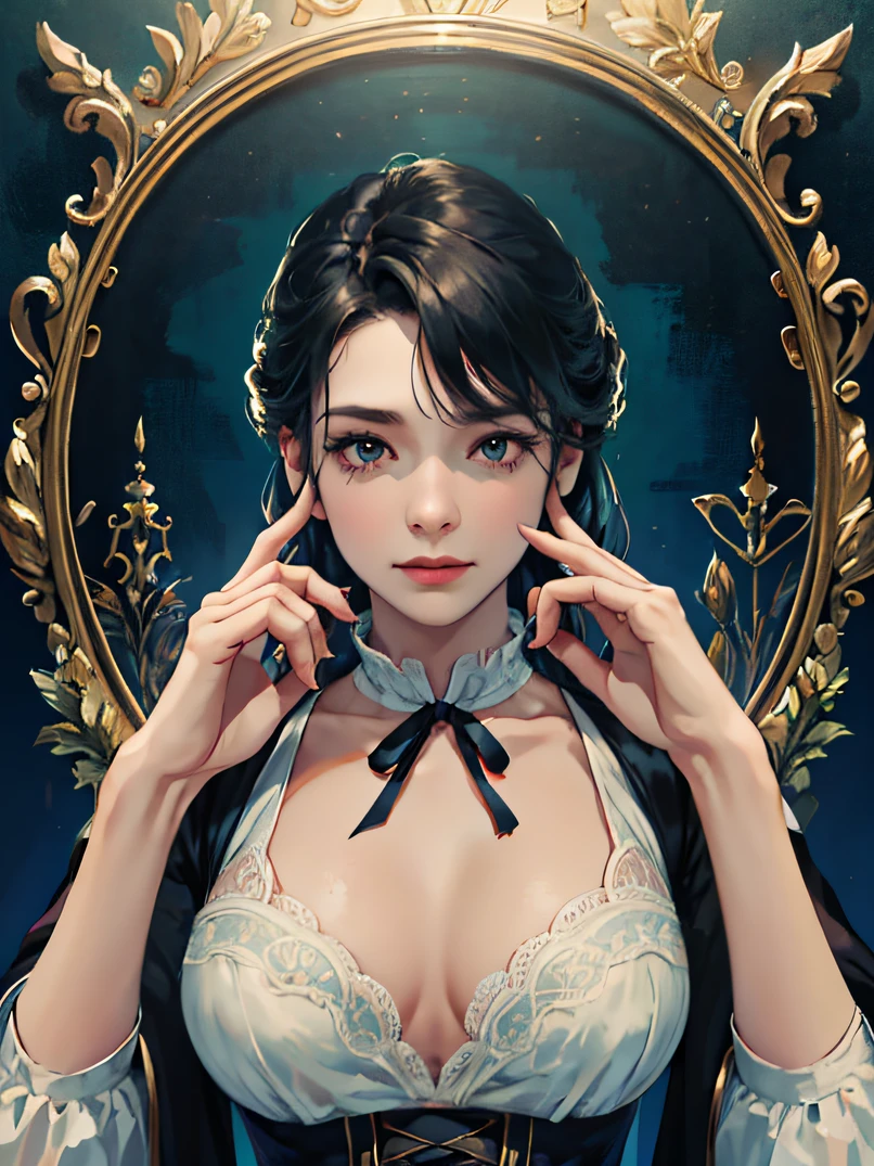ultra-detailliert、top-quality、hight resolution、​masterpiece、foco nítido、3/5 shots、Official art、Mysterious art、Magical atmosphere、romanticism、Literary fashion、Victorian Accessories、Intricate ironwork decoration、Lace costumes、emotional depth、Classy and supernatural atmosphere、Male and female couples、The composition of the neck and chest、Detailed hand depiction