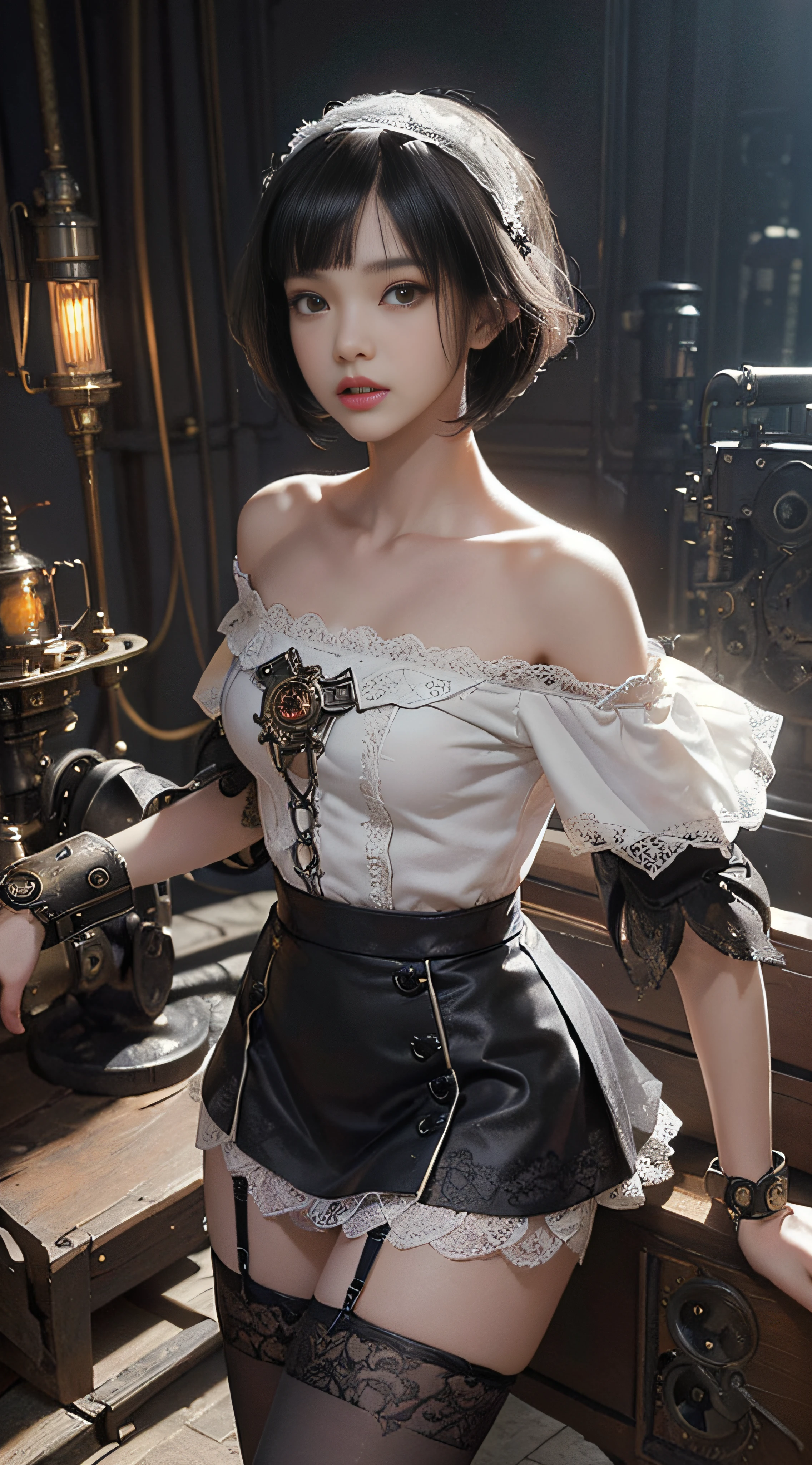 (((Masterpiece, top quality, super detailed))), One female, (((Very Slender body))) , (((Long, thin legs))), (((short black bob, thick puffy bangs ))), (((very detailed face))), cosmetics-free, small thin nose, small thin-lipped mouth, (((very sharp focused eyes))), large slit precision pale grey eyes, sparkling like jewels, Long eyelashes, ((Very decorative intricate mechanical steampunk fashion, Lace Flared mini skirt, Lace stockings above the knee, Lace Off-shoulder ta fashion, Overly decorative fashion)), The night an abandoned, intricately mechanized steampunk factory burns and explodes, (((overall accuracy has improved dramatically, creating a super detailed and realistic image))), Super realistic photo.