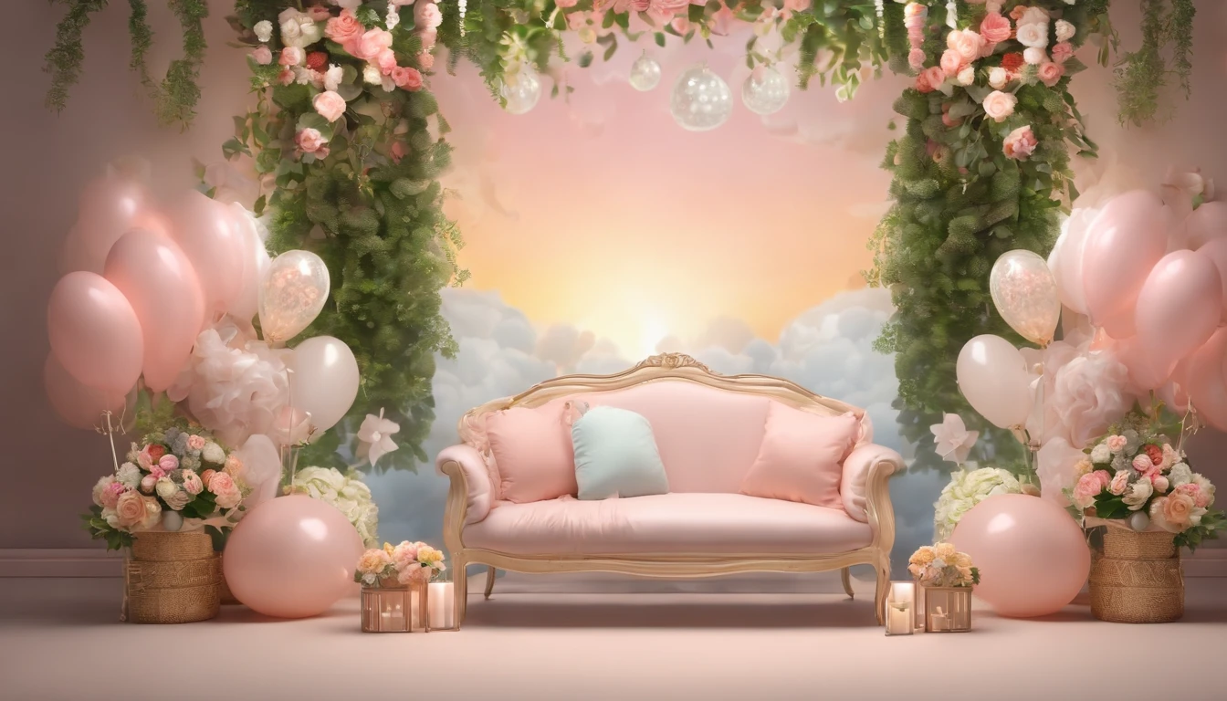 (best quality, 4k, highres, masterpiece:1.2), ultra-detailed, realistic:1.37, baby shower backdrop, vivid colors, professional lighting, delicate pastel hues, soft and dreamy atmosphere, adorable themed decorations, cute and whimsical patterns, happy and joyful celebration, fluffy clouds and floating balloons, beautiful flowers and greenery, comfortable seating area, cozy and warm lighting, an inviting and magical ambiance, memories and laughter, pure bliss,baby shower ideas,orginal
