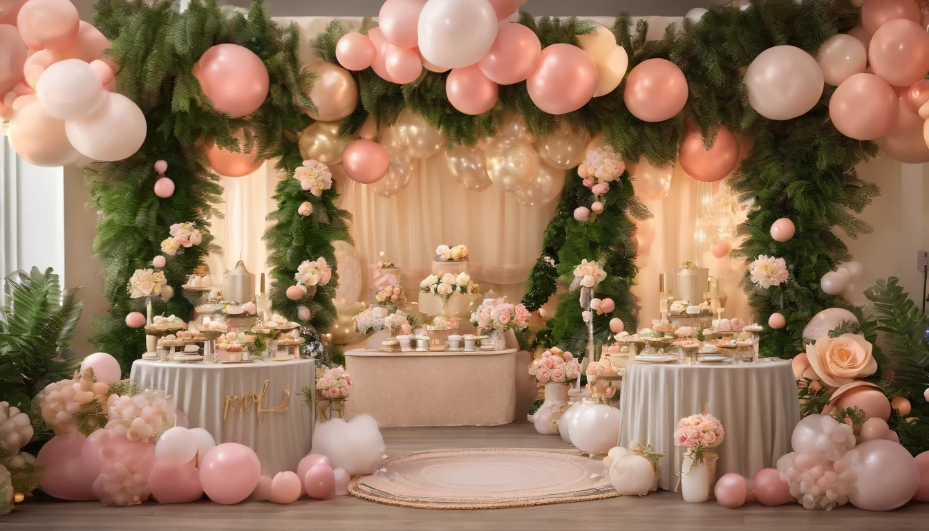 (best quality, 4k, highres, masterpiece:1.2), ultra-detailed, realistic:1.37, baby shower backdrop, vivid colors, professional lighting, delicate pastel hues, soft and dreamy atmosphere, adorable themed decorations, cute and whimsical patterns, happy and joyful celebration, fluffy clouds and floating balloons, beautiful flowers and greenery, comfortable seating area, cozy and warm lighting, an inviting and magical ambiance, memories and laughter, pure bliss,baby shower ideas,orginal