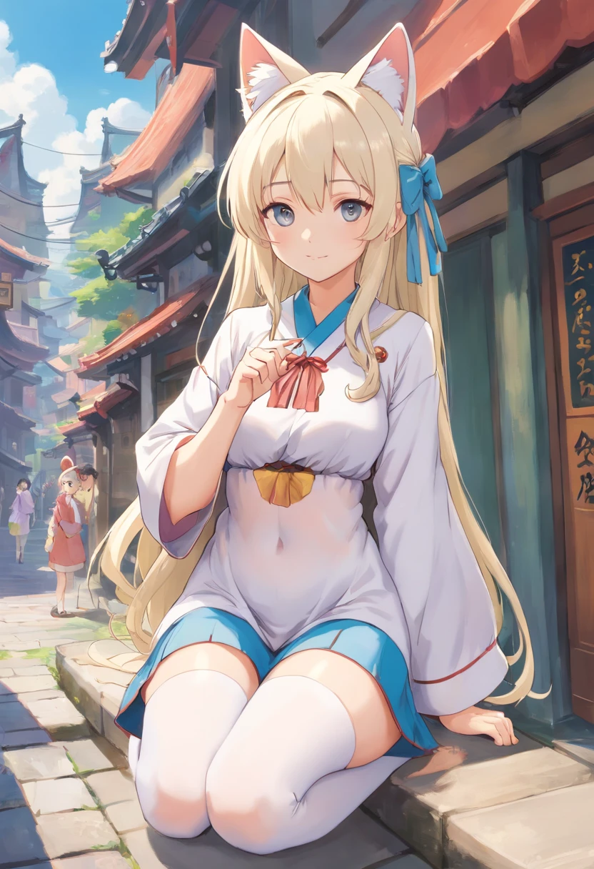 ((blonde:1.2)),(fluffy long hair:1.3),(hair with volume:1.25),(big ribbon:1.3),(blue eyes:1.4),(Eye size:1.5),(ponytail:1.3),((American fashion:1.4)),(Blooming flowers々background:1.5),(blush),(small breasts:1.2),(fashion color White、Blue、red、yellow、pink:1.3),(open mouth smile:1.2),((tits:1.6)),(close up of face:1.2),((focus on face:1.2)),((underboob:1.5))