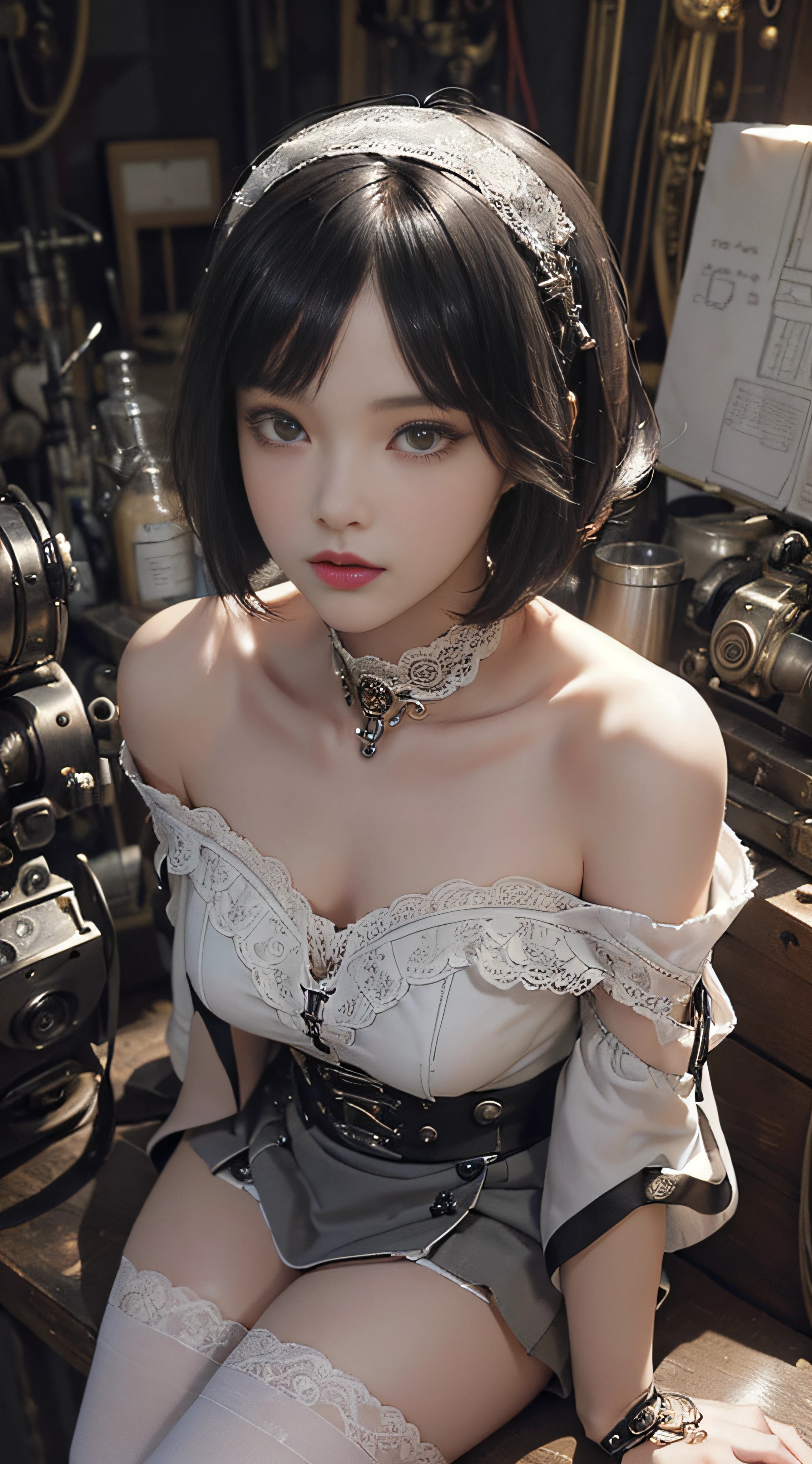 (((Masterpiece, top quality, super detailed))), One female, (((Very Slender body))) , (((Long, thin legs))), (((short black bob, thick puffy bangs ))), (((very detailed face))), cosmetics-free, small thin nose, small thin-lipped mouth, (((very sharp focused eyes))), large slit precision pale grey eyes, sparkling like jewels, Long eyelashes, ((Very decorative intricate mechanical steampunk fashion, Lace Flared mini skirt, Lace stockings above the knee, Lace Off-shoulder ta fashion, Overly decorative fashion)), The night an abandoned, intricately mechanized steampunk factory burns and explodes, (((overall accuracy has improved dramatically, creating a super detailed and realistic image))), Super realistic photo.