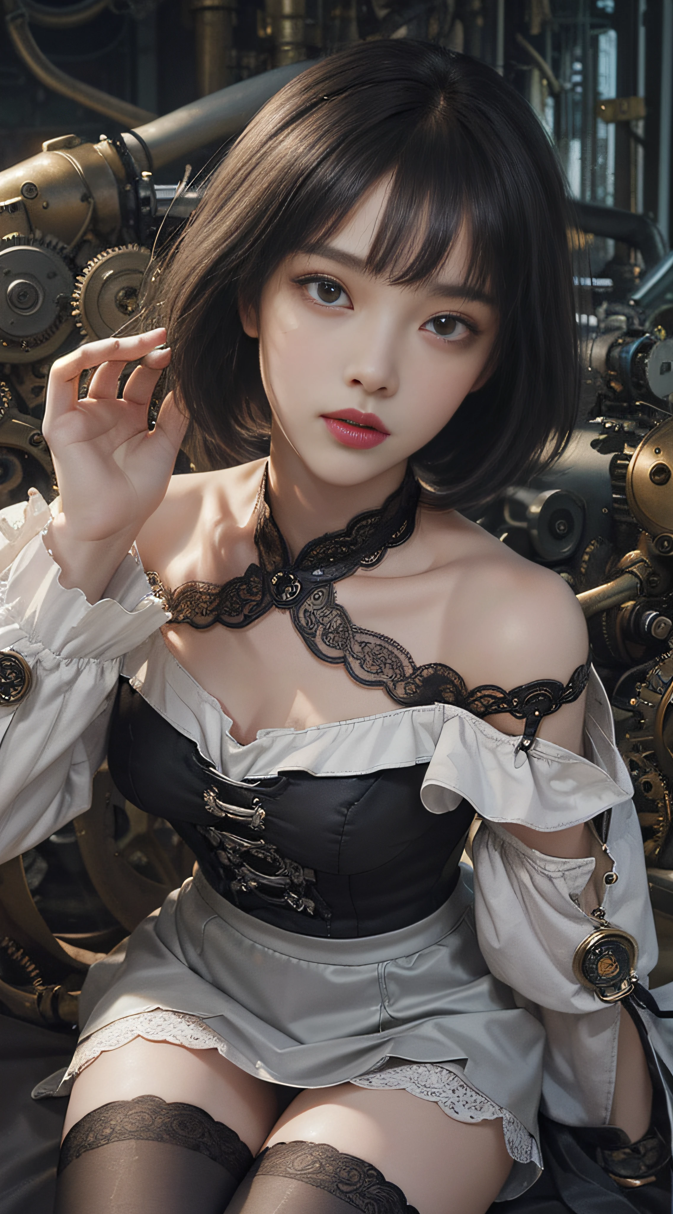 (((Masterpiece, top quality, super detailed))), One female, (((Very Slender body))) ,Long, thin legs, (((short black bob, thick puffy bangs ))), (((very detailed face))), cosmetics-free, small thin nose, small thin-lipped mouth, (((very sharp focused eyes))), large slit precision pale grey eyes, sparkling like jewels, Long eyelashes, ((Very decorative intricate mechanical steampunk fashion, Lace Flared mini skirt, Lace stockings above the knee, Lace Off-shoulder ta fashion, Overly decorative fashion)), The night an abandoned, intricately mechanized steampunk factory burns and explodes, (((overall accuracy has improved dramatically, creating a super detailed and realistic image))), Super realistic photo.