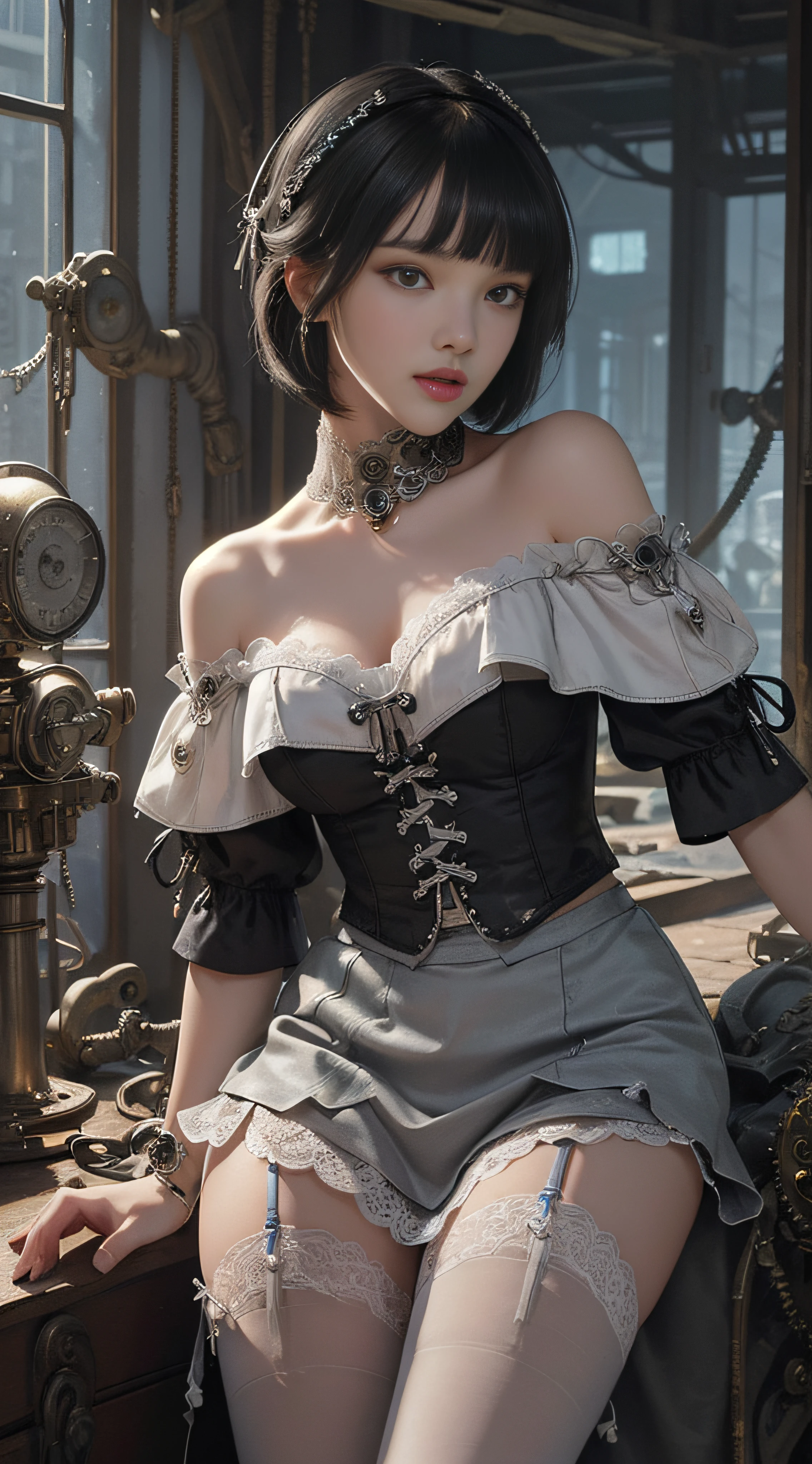 (((Masterpiece, top quality, super detailed))), One female, (((Very Slender body))) ,Long, thin legs, (((short black bob, thick puffy bangs ))), (((very detailed face))), cosmetics-free, small thin nose, small thin-lipped mouth, (((very sharp focused eyes))), large slit precision pale grey eyes, sparkling like jewels, Long eyelashes, ((Very decorative intricate mechanical steampunk fashion, Lace Flared mini skirt, Lace stockings above the knee, Lace Off-shoulder ta fashion, Overly decorative fashion)), The night an abandoned, intricately mechanized steampunk factory burns and explodes, (((overall accuracy has improved dramatically, creating a super detailed and realistic image))), Super realistic photo.
