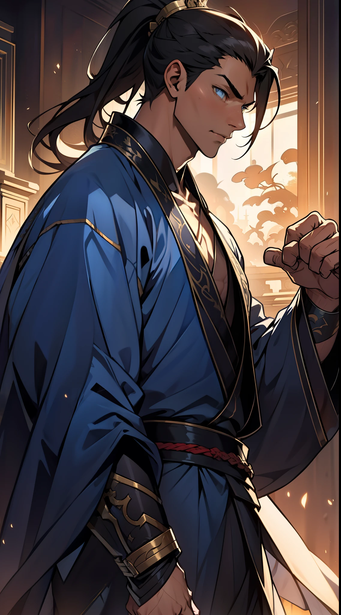 quadratic element,style of anime,mtu(Male Warrior),The proportions are correct,Face details,swordsmen,High ponytail hairstyle,Neck details,There is an Adam's apple,Blue suit,kaftan,long blue robes,clothes details,Handing over,longer sleeves,Game quality,Swordsmanship,Light and shadow tracking,Ray traching,detailed glow,cg render,hair detail,Black long hair,blue colored eyes,Handsome,Handsome,(juvenile sense),Clothing is complicated,Perfectcomposition,Refinement,high qulity,higher details,Lots of details,The background is complex,a sense of atmosphere,