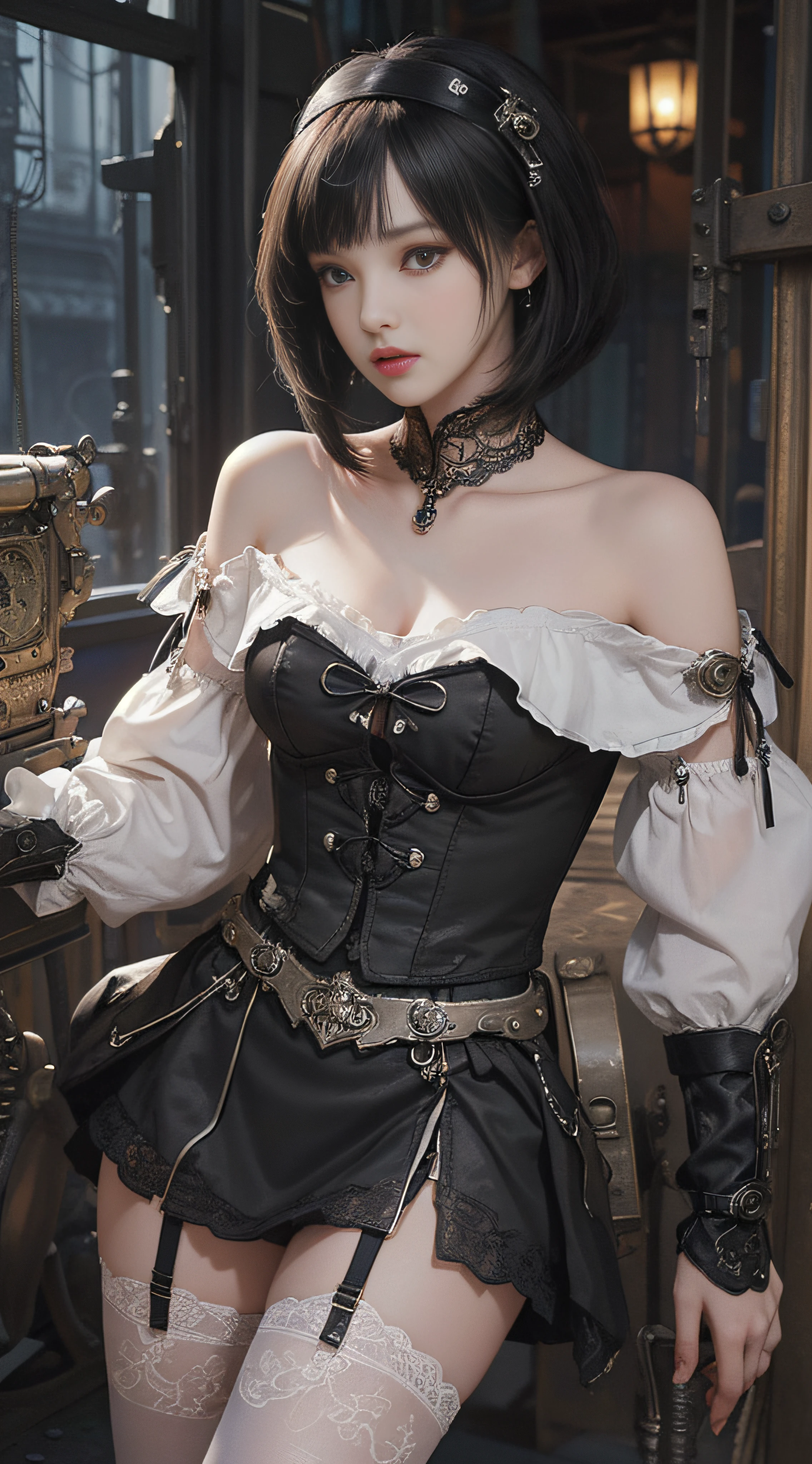 (((Masterpiece, top quality, super detailed))), One female, Very Slender body ,Long, thin legs, (((short black bob, thick puffy bangs ))), (((very detailed face))), cosmetics-free, small thin nose, small thin-lipped mouth, (((very sharp focused eyes))), large slit precision pale grey eyes, sparkling like jewels, Long eyelashes, ((Very decorative intricate mechanical steampunk fashion, Lace Flared mini skirt, Black Lace stockings above the knee, Lace Off-shoulder ta fashion, Overly decorative fashion)), The night an abandoned, intricately mechanized steampunk factory burns and explodes, (((overall accuracy has improved dramatically, creating a super detailed and realistic image))), Super realistic photo.