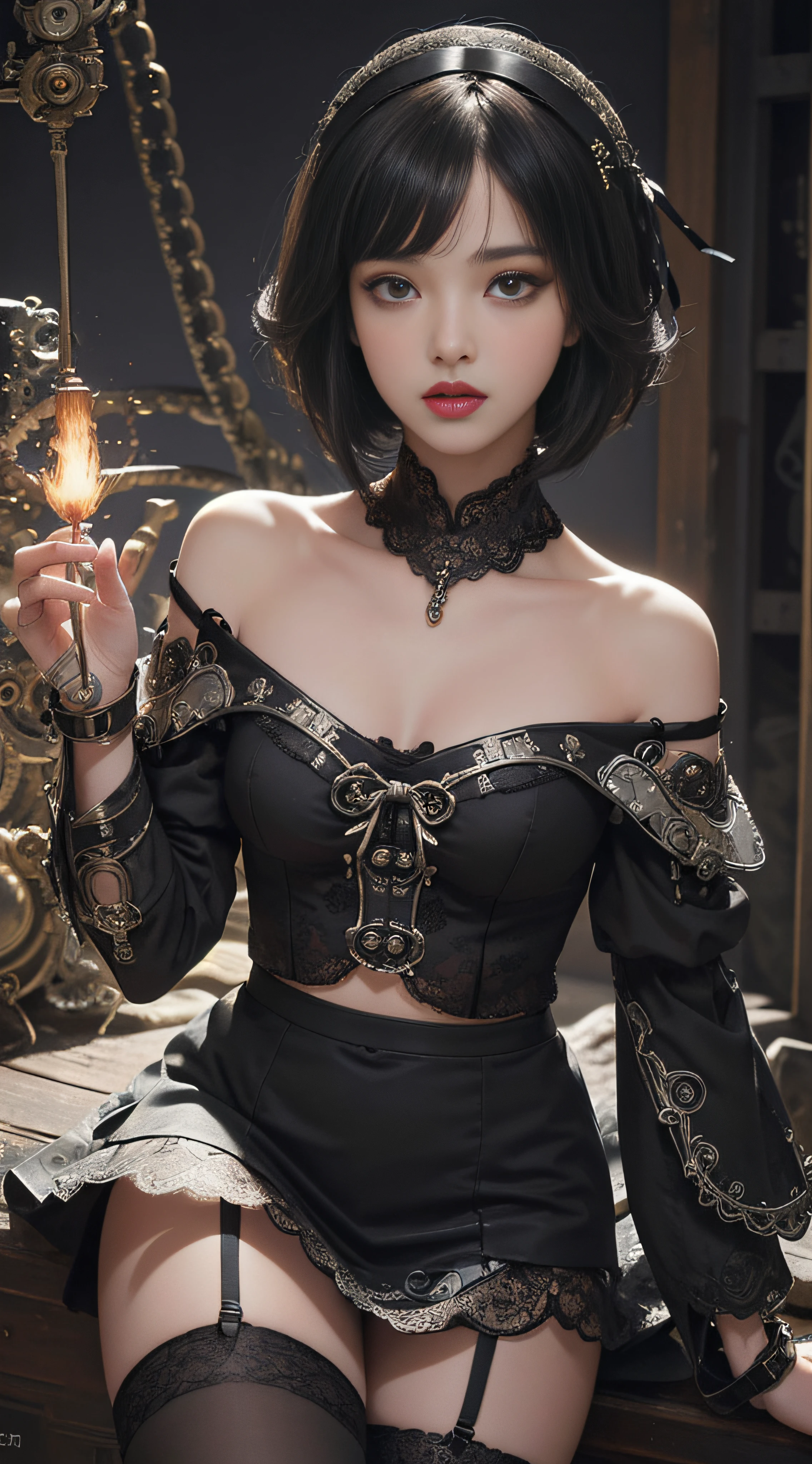 (((Masterpiece, top quality, super detailed))), One female, Very Slender body ,Long, thin legs, (((short black bob, thick puffy bangs ))), (((very detailed face))), cosmetics-free, small thin nose, small thin-lipped mouth, (((very sharp focused eyes))), large slit precision pale grey eyes, sparkling like jewels, Long eyelashes, ((Very decorative intricate mechanical steampunk fashion, Lace Flared mini skirt, Black Lace stockings above the knee, Lace Off-shoulder ta fashion, Overly decorative fashion)), The night an abandoned, intricately mechanized steampunk factory burns and explodes, (((overall accuracy has improved dramatically, creating a super detailed and realistic image))), Super realistic photo.