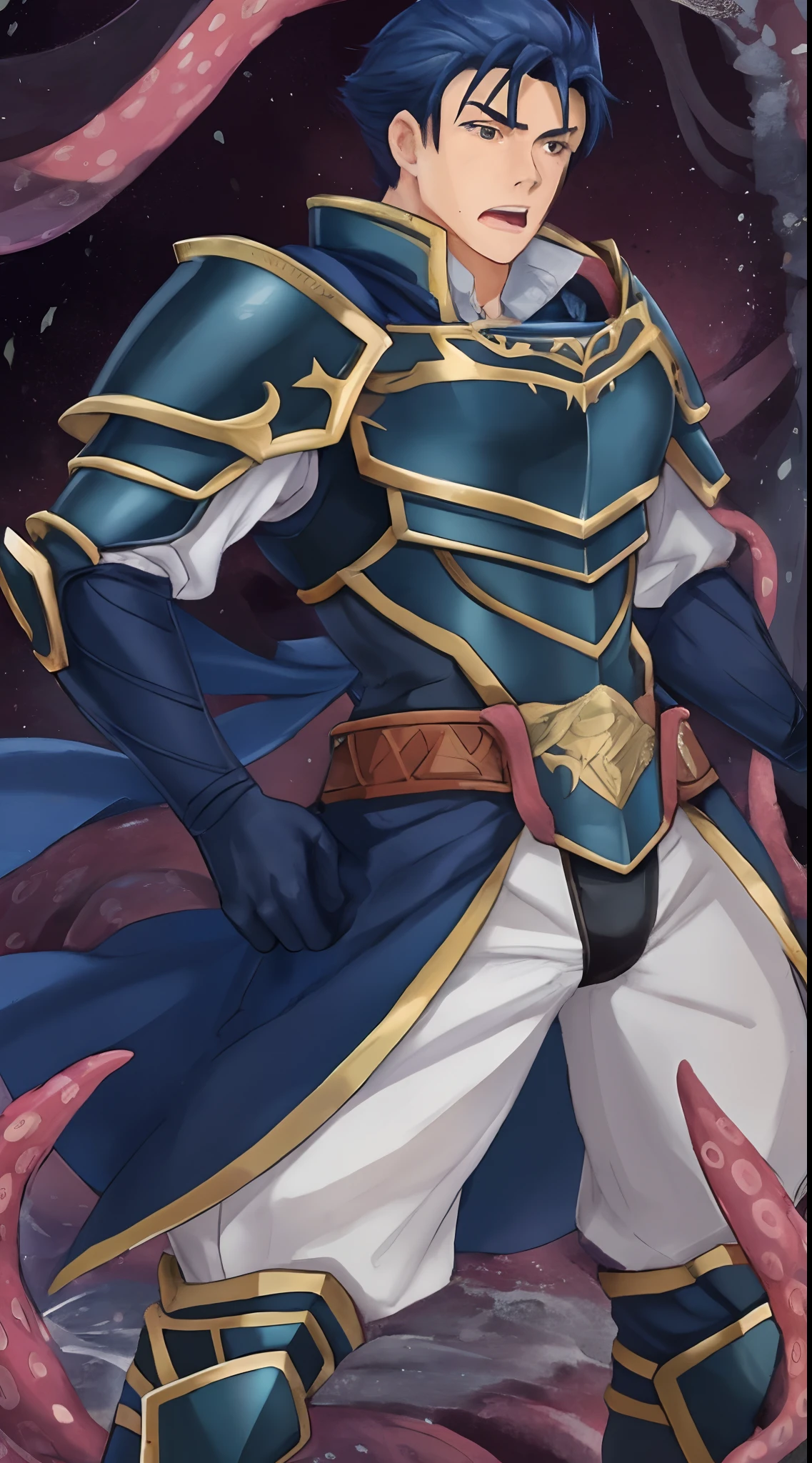 Hector Fey（adult man）， 独奏， looking at viewert，Tied by tentacles（Mucus-secreting tentacles） ，perfect male figure，with her mouth open，drools，perspire，Tight combat uniform，Armour，Armour，Get wet， mitts， 1 man，weeping，Be red in the face， Male focus，Tentacles wrapped around thighs（Octopus tentacles wrap around thighs）， mtu，cloaks， Armour， Shoulder armor， Soaked leggings，Wrists bound by tentacles，Waist wrapped around tentacles,，ember