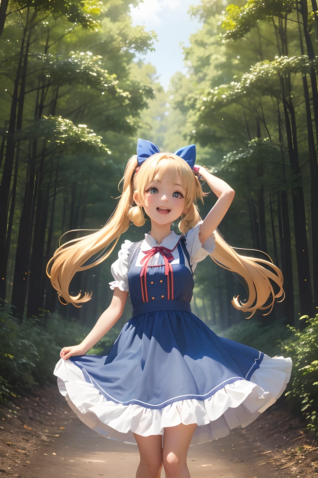 ,(1girl in),( absurdly , High quality , ultra-detailliert ),(Summer in the morning),(masutepiece),(Bedroom in the forest),(long-haired blonde twin-tails),(Blue Maid Long Dress),with a red ribbon on the head,,,,,,(Cute 3D anime petite girl rendering),Super Detailed Beautiful Girl,Energetic pose,Laughing,Jump up、watching at viewers