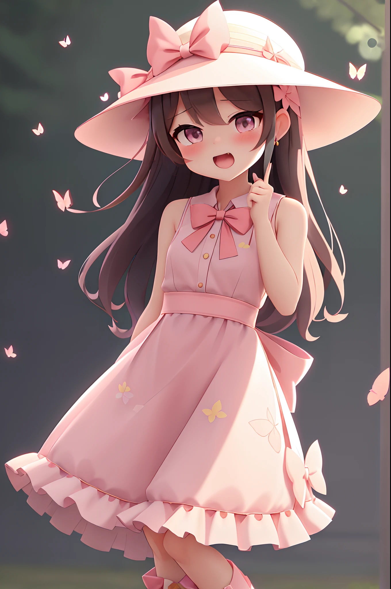 女の子1人、bow ribbon、florals、Windy, That's why I'm wearing a hat、Yawning face、Longer dress、length hair、bow ribbon、Sleeveless、a straw fedora hat、Eye Up、Urban Park、butterflys々is flying、kawaii pose、I'm wearing cute boots、Stronger bokeh effect