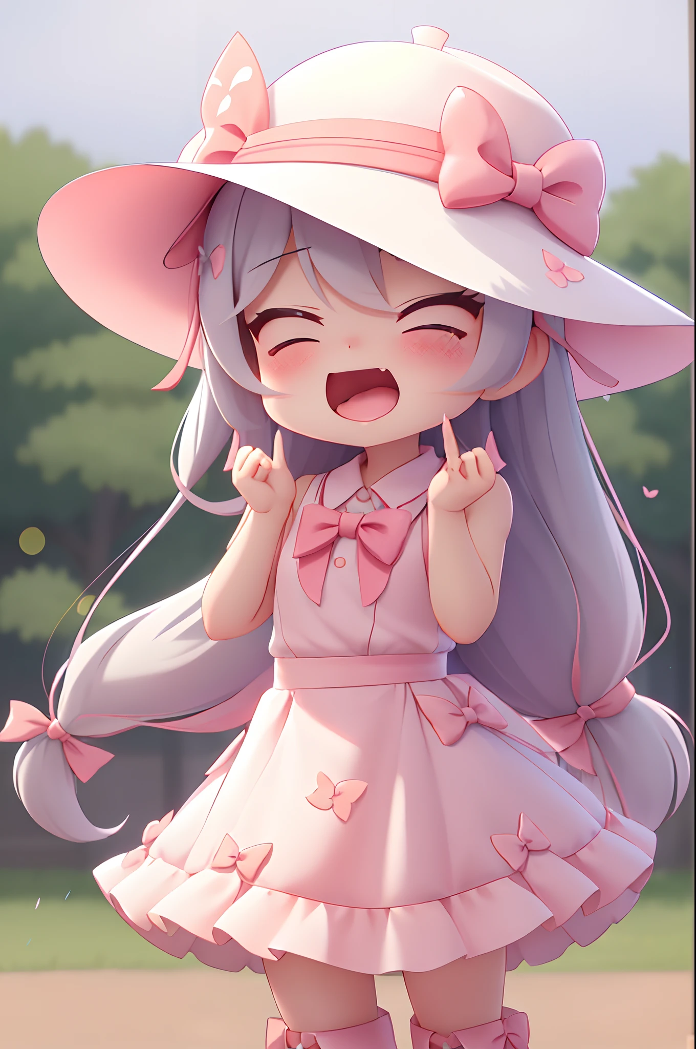 女の子1人、bow ribbon、florals、Windy, That's why I'm wearing a hat、Yawning face、Longer dress、length hair、bow ribbon、Sleeveless、a straw fedora hat、Eye Up、Urban Park、butterflys々is flying、kawaii pose、I'm wearing cute boots、Stronger bokeh effect