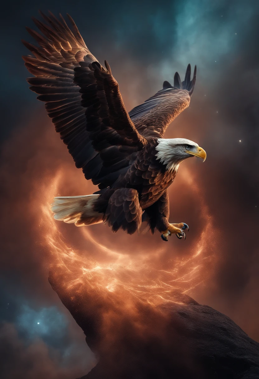 Photo in the shape of an eagle, intergalactic, spirals, Outer space, nebulas, stele, Smoke swell, iridescent, intricate detailes, Octane Rendering, 8K Surreal, Realistic texture, Unreal Natural Lighting Engine, cinestill 800, (35mm Spring)