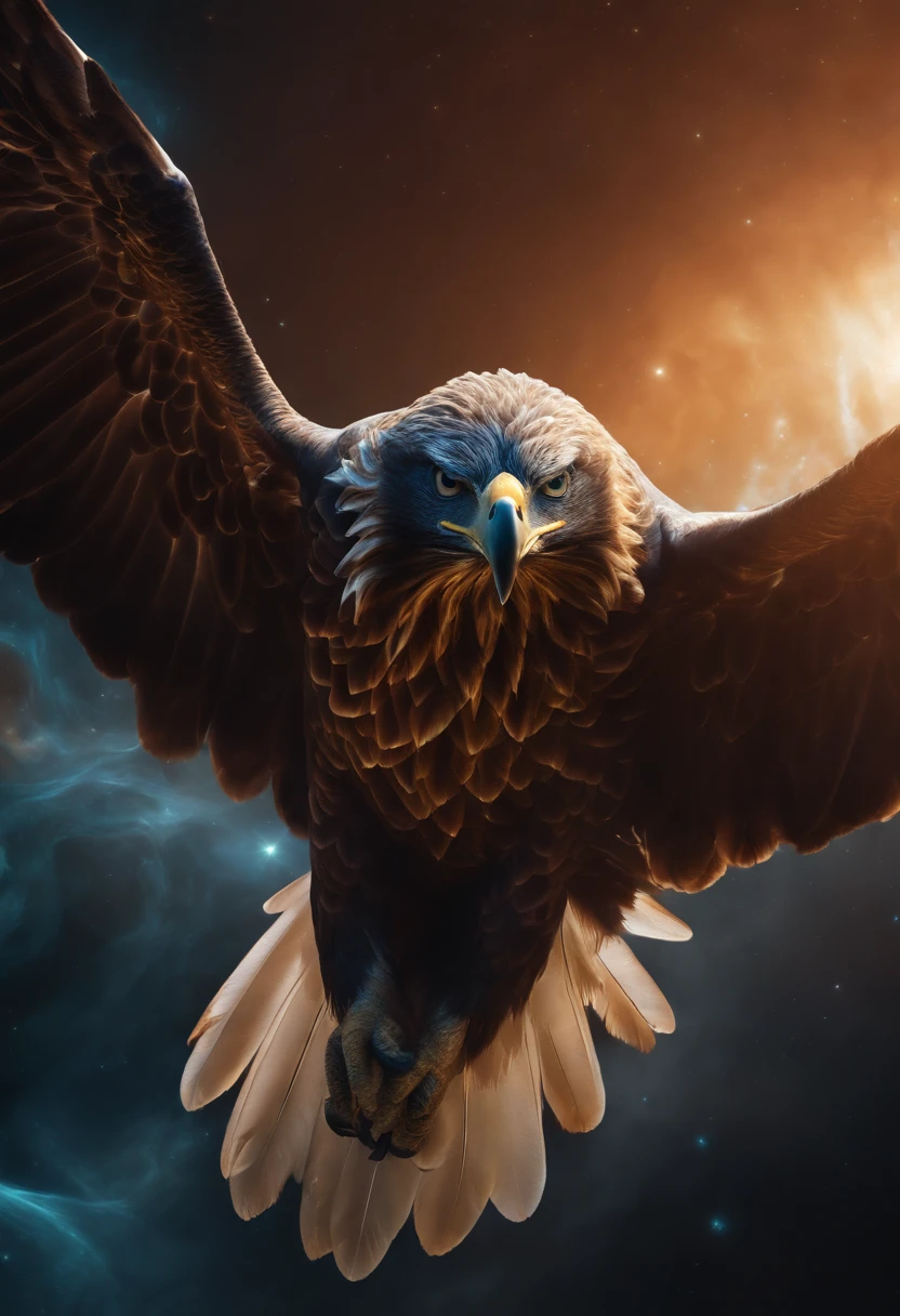Photo in the shape of an eagle, intergalactic, spirals, Outer space, nebulas, stele, Smoke swell, iridescent, intricate detailes, Octane Rendering, 8K Surreal, Realistic texture, Unreal Natural Lighting Engine, cinestill 800, (35mm Spring)