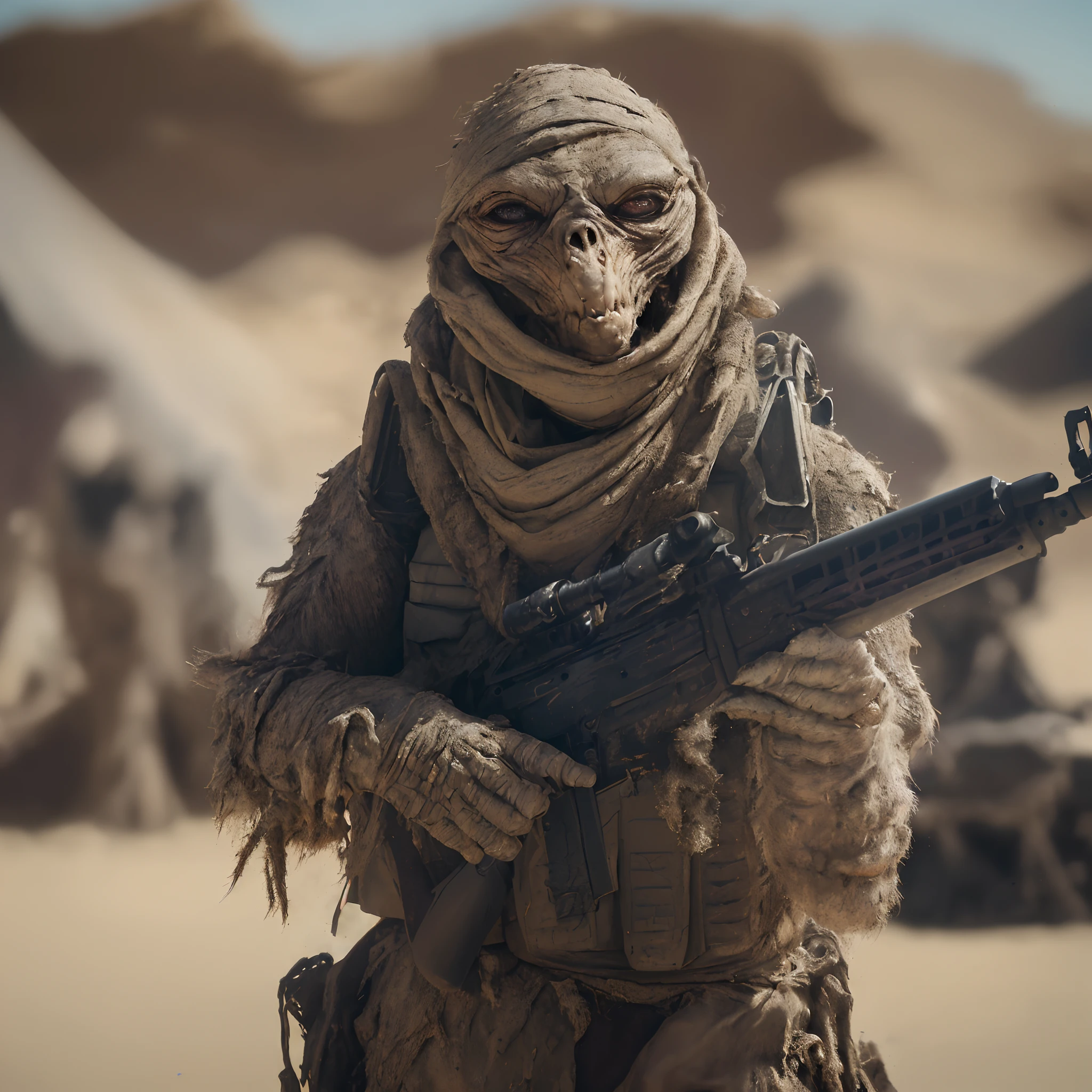 dramatic film still closeup of a worried, scaly mummified albino militia scavenger creature wearing a bandana and holding a huge futuristic assault rifle and guarding a desert camp 70mm anamorphic Sony Pictures, Weta, Disney, global illumination vfx 8k intricate detail. creature effects by Rick Baker. cinematic lighting.