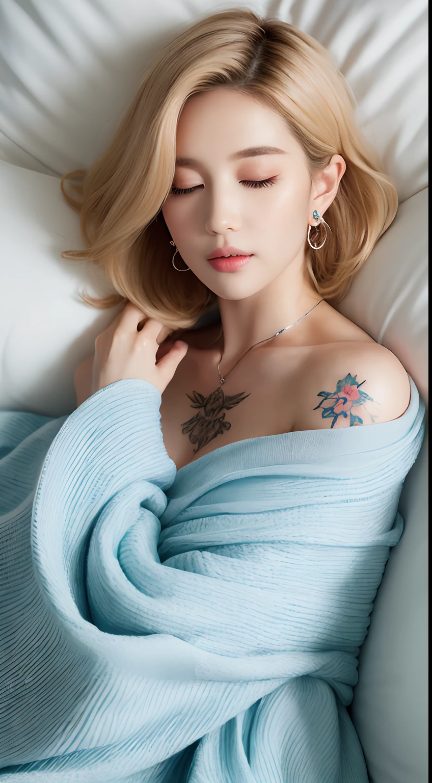 ((Best quality, 8k, Masterpiece :1.3)), Sharp focus :1.2, Aunt. Aunt. Korea 39years.Angled blonde bob. Jewellery. Earrings .. perfeck body beauty:1.4 Slender ABS:1.2 ((Wrapped in a blanket. Bare shoulders)). •Sleep. Hug affectionately. Wrapped in a blanket ((Sleep on the mattress)). Detailed texture of tattooed skin. Tattooed neck. Tattooed Shoulder. Tattooed hands