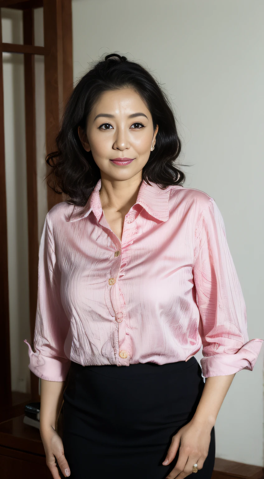 ((Best quality, 8K, Masterpiece, Portrait: 1.3)), (View viewers), Photorealism, Sharp focus, Solo, The Moro Islamic Liberation Front of Japan, Beauty, 28 years old,
Curly hair, Wrinkled eyes, Pink shirt,White skirt,Black pantyhose,, office room, Office desk,