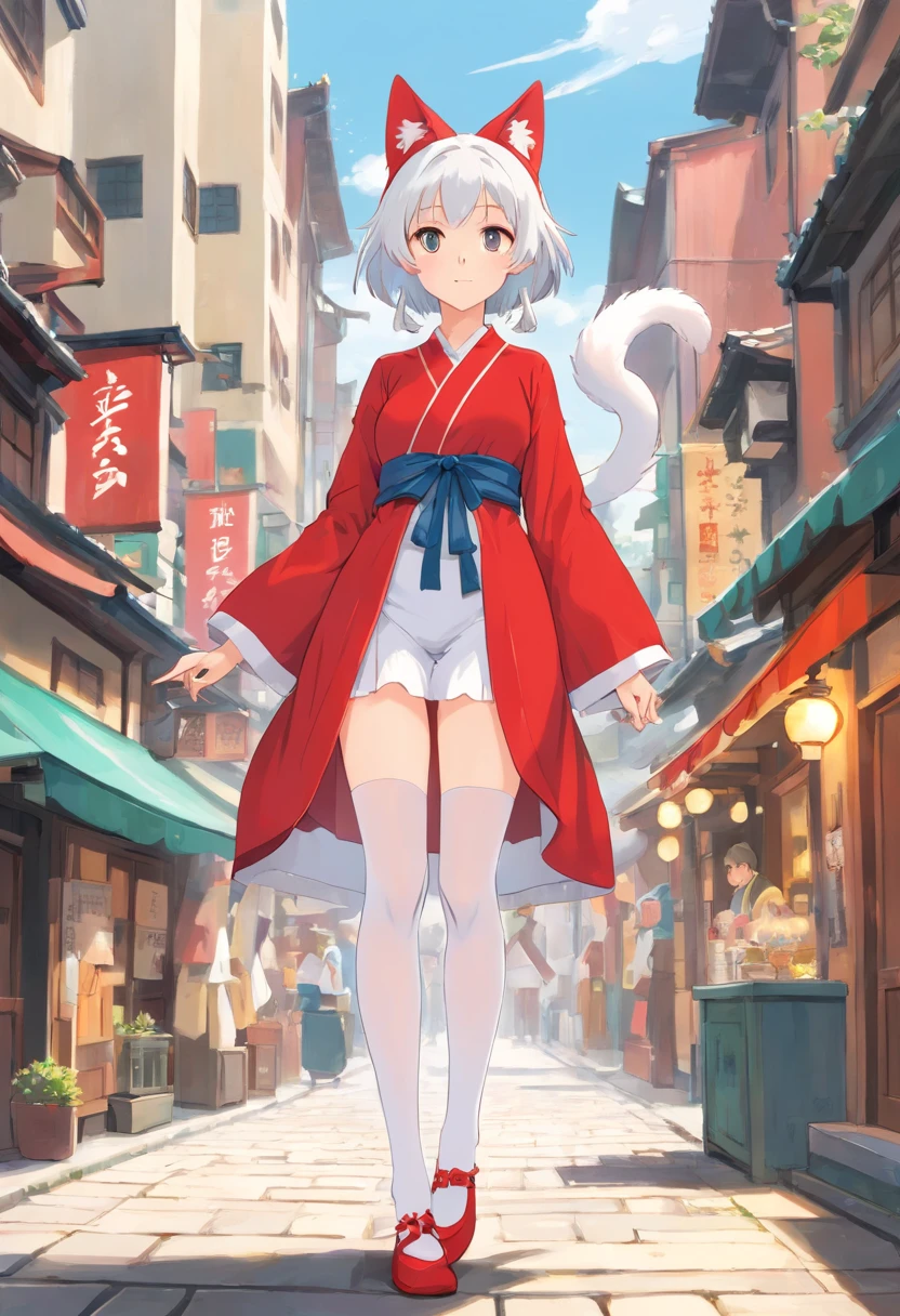 No shoes，Stand barefoot，masutepiece，Very tall maiden，der riese，Huge maiden，In the city，Full limbs，The face is delicate，White double ponytail，White eyes，White Lolita，Long-range shots，white stockings，There are cat ears on the head, robe blanche， Cute big breasts，Chopstick legs，slender calves，slender calves，large quantity