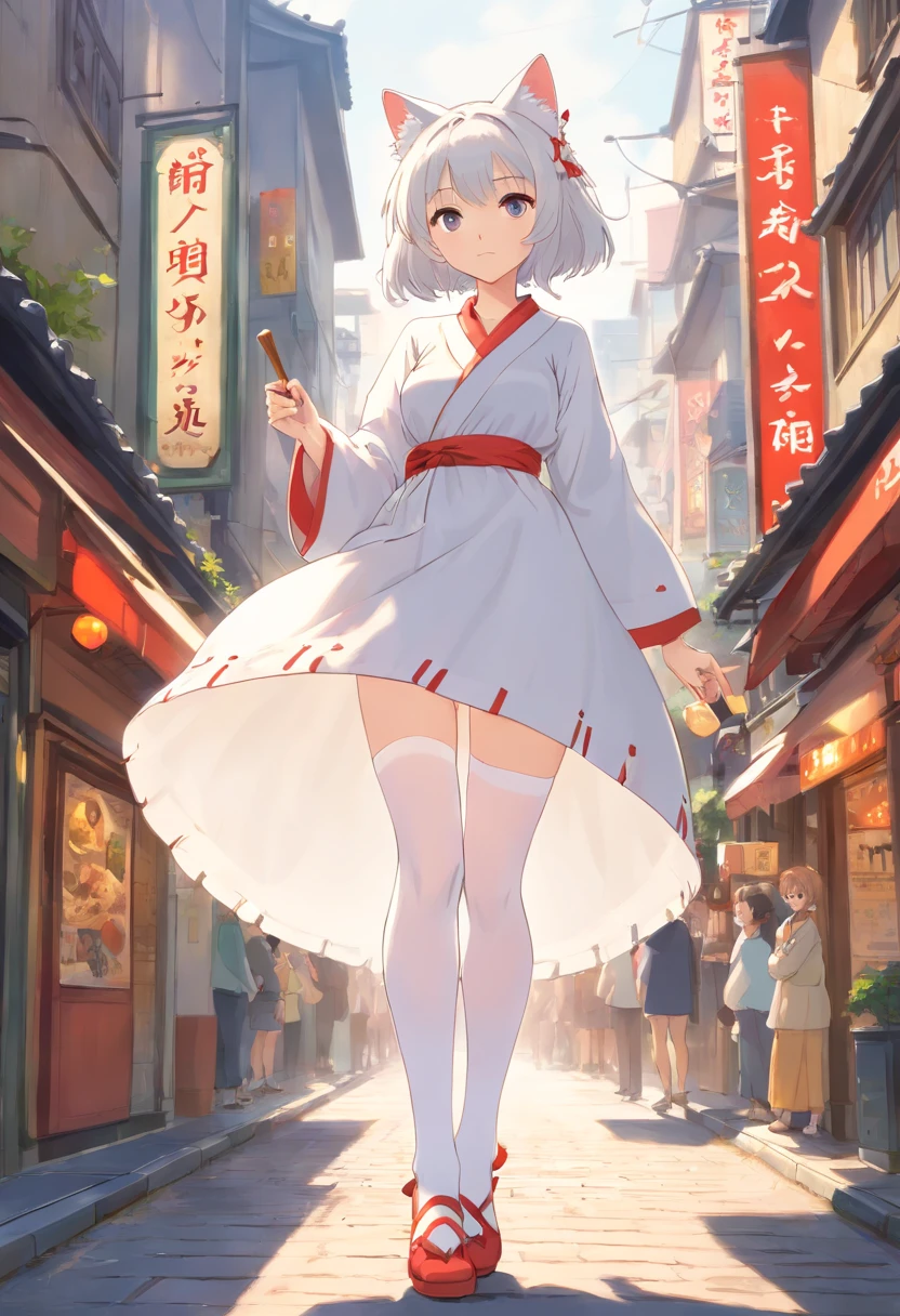 No shoes，Stand barefoot，masutepiece，Very tall maiden，der riese，Huge maiden，In the city，Full limbs，The face is delicate，White double ponytail，White eyes，White Lolita，Long-range shots，white stockings，There are cat ears on the head, robe blanche， Cute big breasts，Chopstick legs，slender calves，slender calves，large quantity