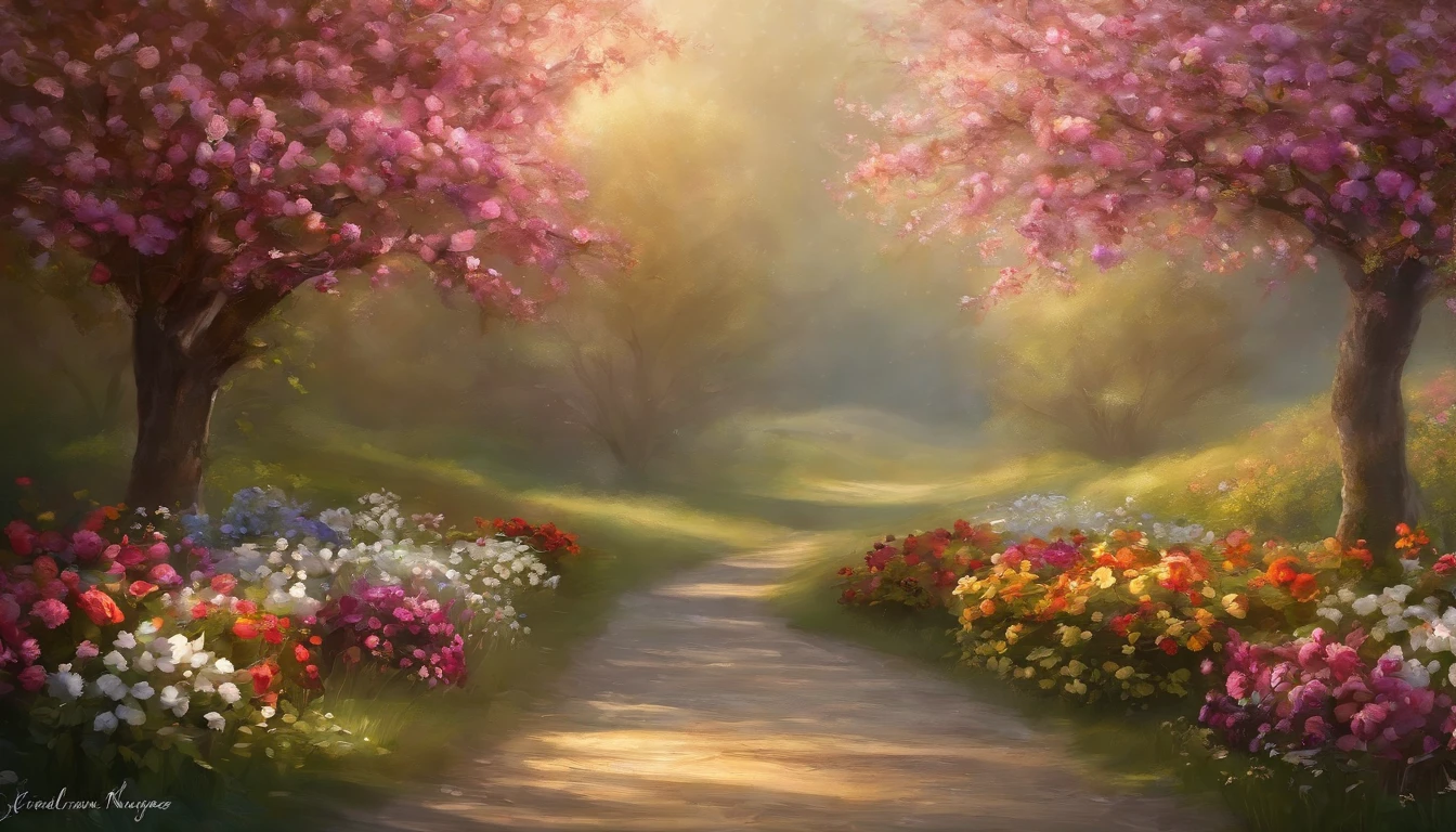 best quality,ultra-detailed,realistic,photorealistic:1.37,portraits,flowers backdrop,beautifully painted flowers,delicate petals,colorful blossoms,sunlit garden,soft natural lighting,vibrant colors,serene atmosphere,subtle shading,impressionistic style,gentle brushstrokes,masterpiece:1.2