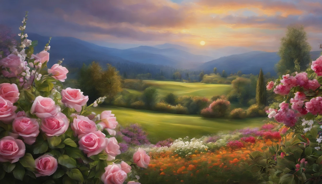 Painting of a beautiful sunset with pink roses in a field - SeaArt AI