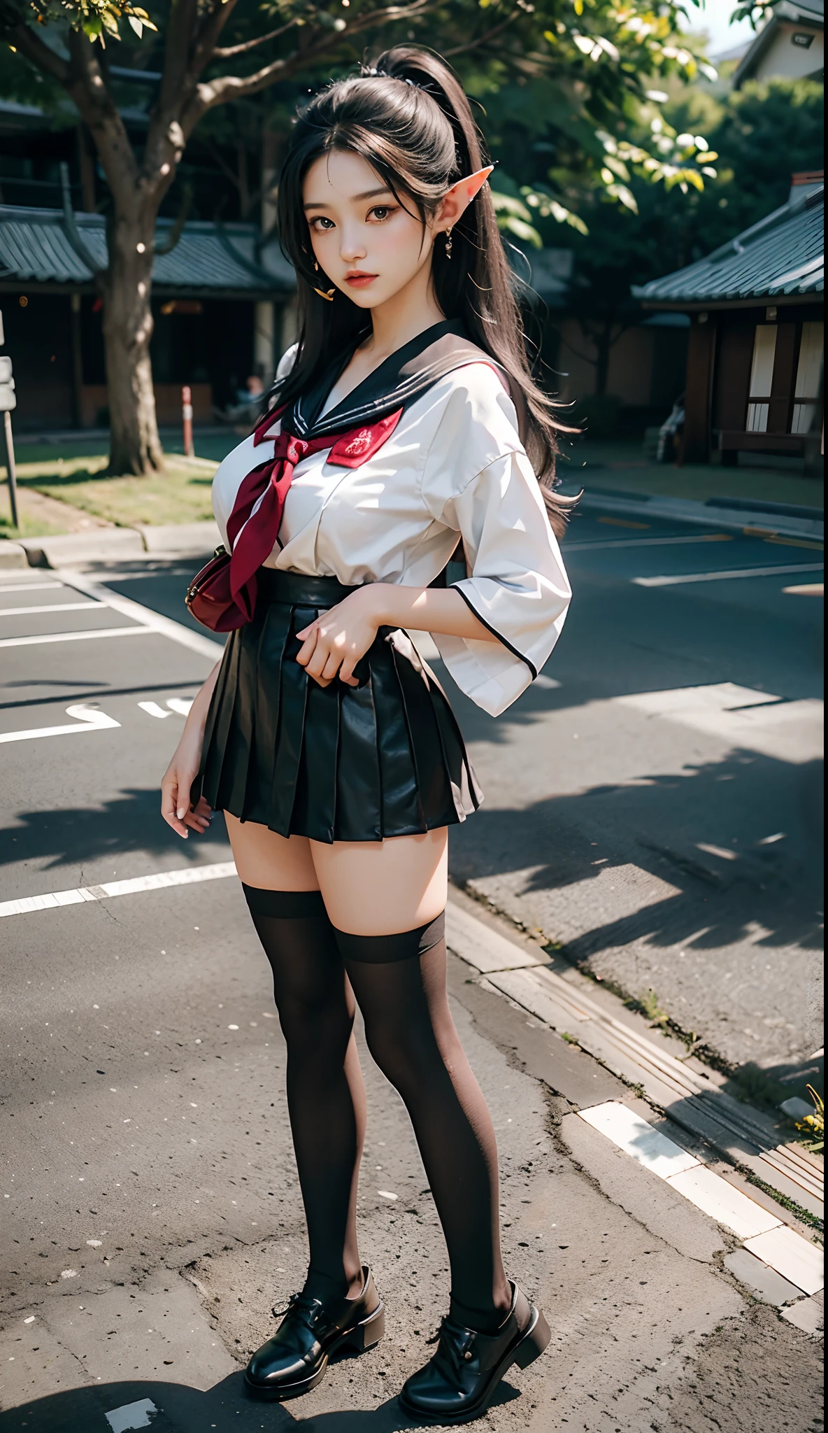 high quality、masterpiece、Gothic ta Fashion、Japanese women、19 years old、Over the knee socks、garter belt、Low Angle、The wind blows and my skirt flutters、Very sensitive skin、Fair skin、Red lip makeup、Young Face、Look at me、Slim figure