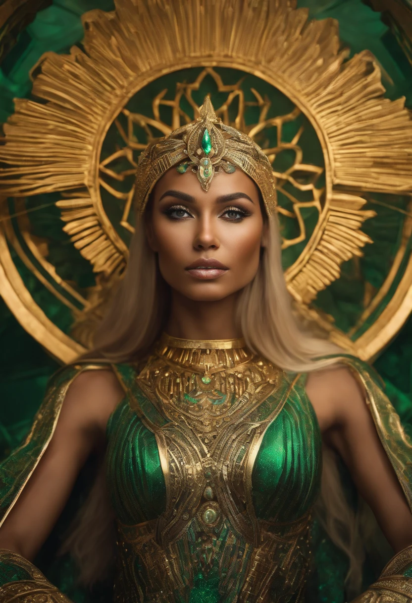 Stunning, Beautiful 35 years old Latin Brazilian Woman Goddess of Multiverse, Impossing, Athletic Body, Suntan Skin, Sitting on Intricate Futuristic Throne, Weating Egyptian Jewels Futuristic Cut Armor with Bracelets and (isometric Cloak) with Intricate Fluid Galaxy Bioluminescence Effects, symmetrical, with Galaxies orbiting her body, perfect detailed face, detailed symmetric circular Green iris pupils, (Gorgeous Long Blonde Fluid Hair), Realistic, intricately detailed, cinematic, Isometric, awesome full color, gritty, mucha, klimt, 16k, hight definition, cinematic, neoprene, behance contest winner, portrait featured on unsplash, smooth, ultra high definition, ultra sharp focus, intricate artwork masterpiece, ominous, epic, TanvirTamim, trending on artstation, highly detailed, vibrant