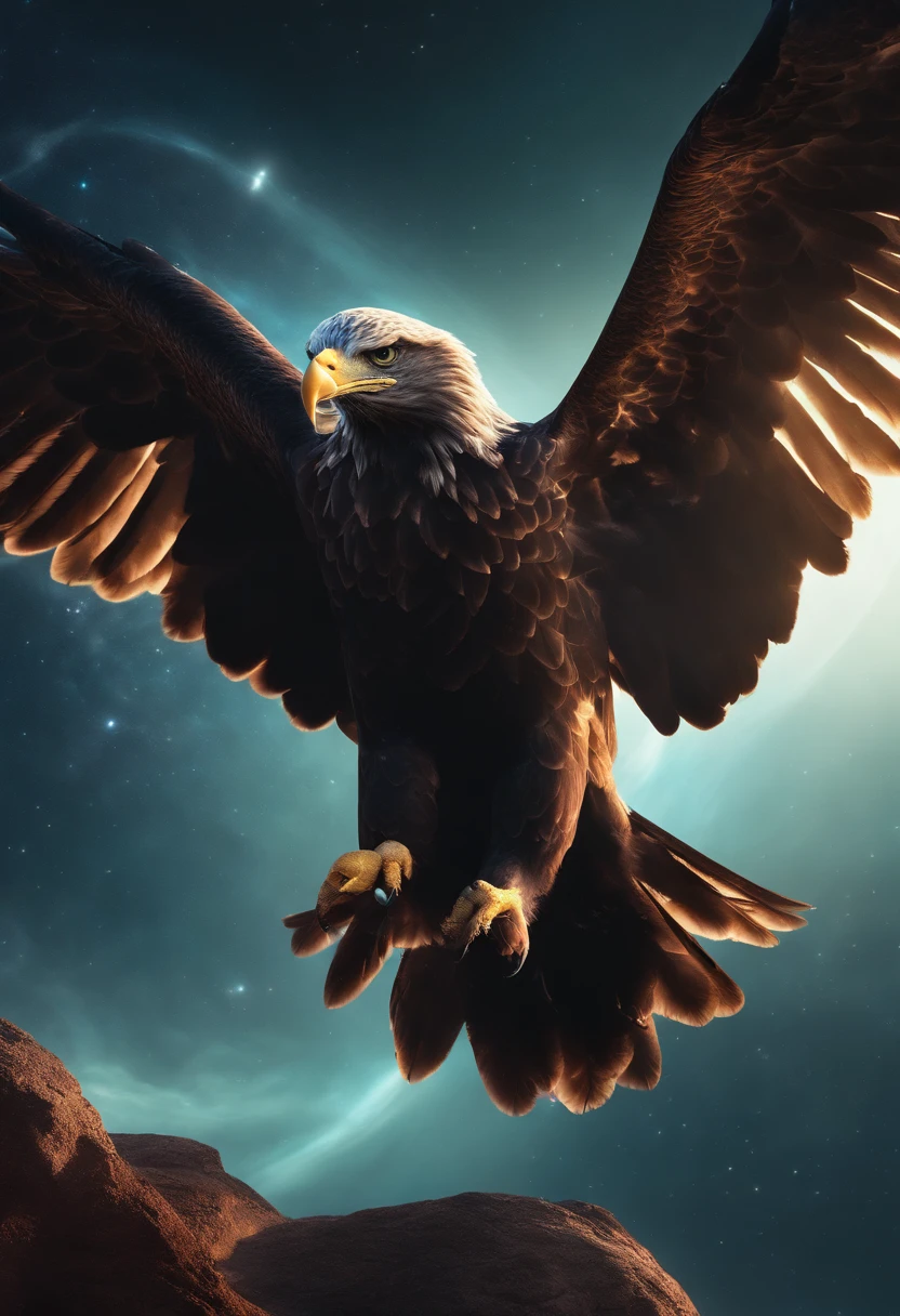 Photo in the shape of an eagle, intergalactic, spiral, Outer space, nebulas, stele, Smoke swell, iridescent, intricate detailes,  Octane Rendering, 8K Sur, Realistic texture, Unreal Natural Lighting Engine, cinestill 800, (35mm Spring)
