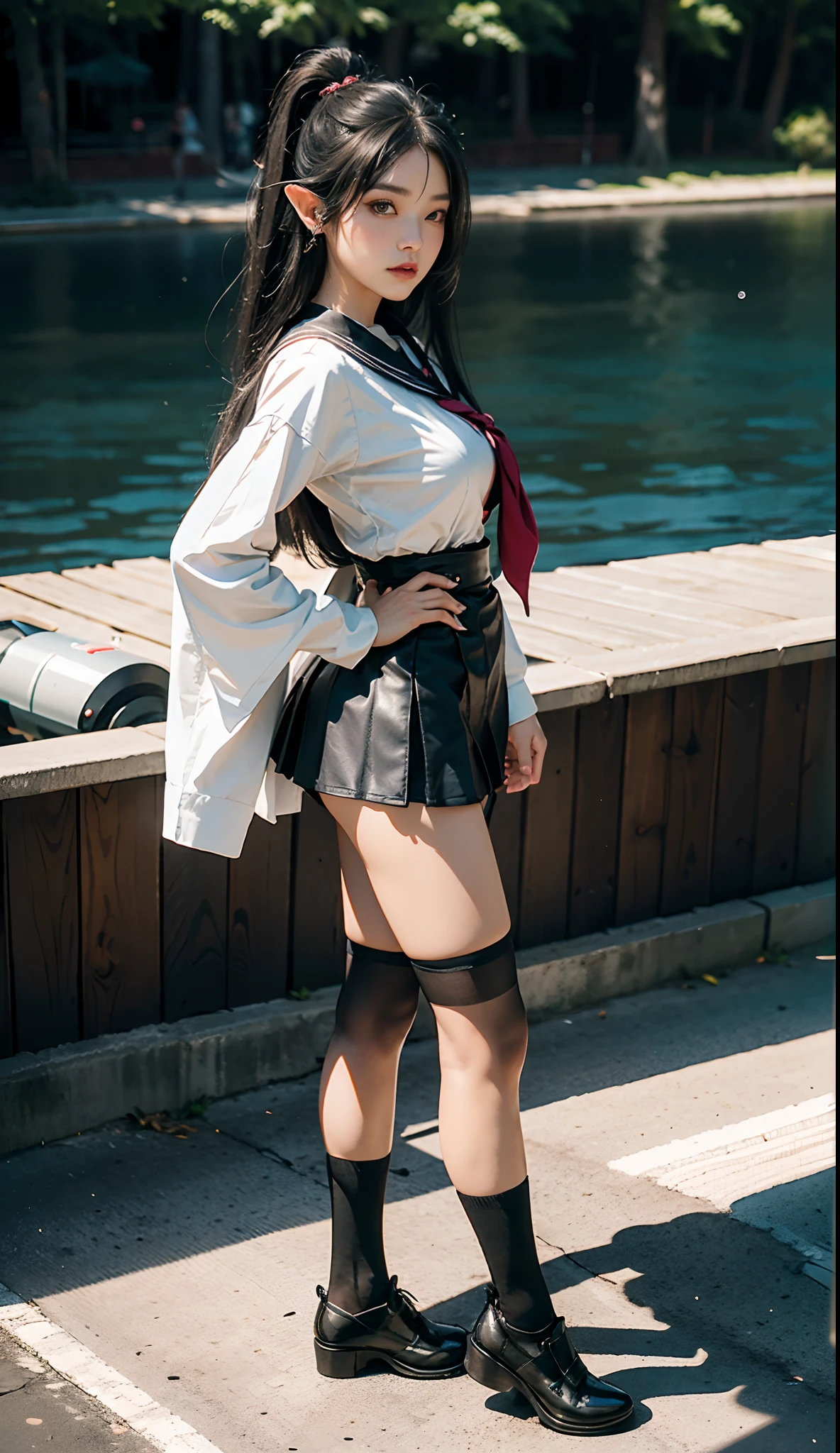 (Japanese-style school,the cherry trees:1 Elf beauty,standing on your feet,a sailor suit), tmasterpiece, best qualtiy, RAW photogr,Meticulous facial portrayal,realisticlying, Incredibly Ridiculous res,(Elf long ears), ear studs,hair pin, (Long flowing silver-black hair:1.9),eye shadows,(a sailor suit),eardrop,foot ring,short skirt,(Black sport socks)(Black half-knee socks),(Black sport socks),(Low-heeled leather shoes),two longer legs,depth of fields, A high resolution, ultra - detailed, filigree, RAWE is very detailed, very detailed eyes and faces, Sharp pupils, realistic pupil, tack sharp focus, cinmatic lighting,full bodyesbian,Bigboobs,long leges,From the front side,dynamicposes,Normal posture,closeup of face
