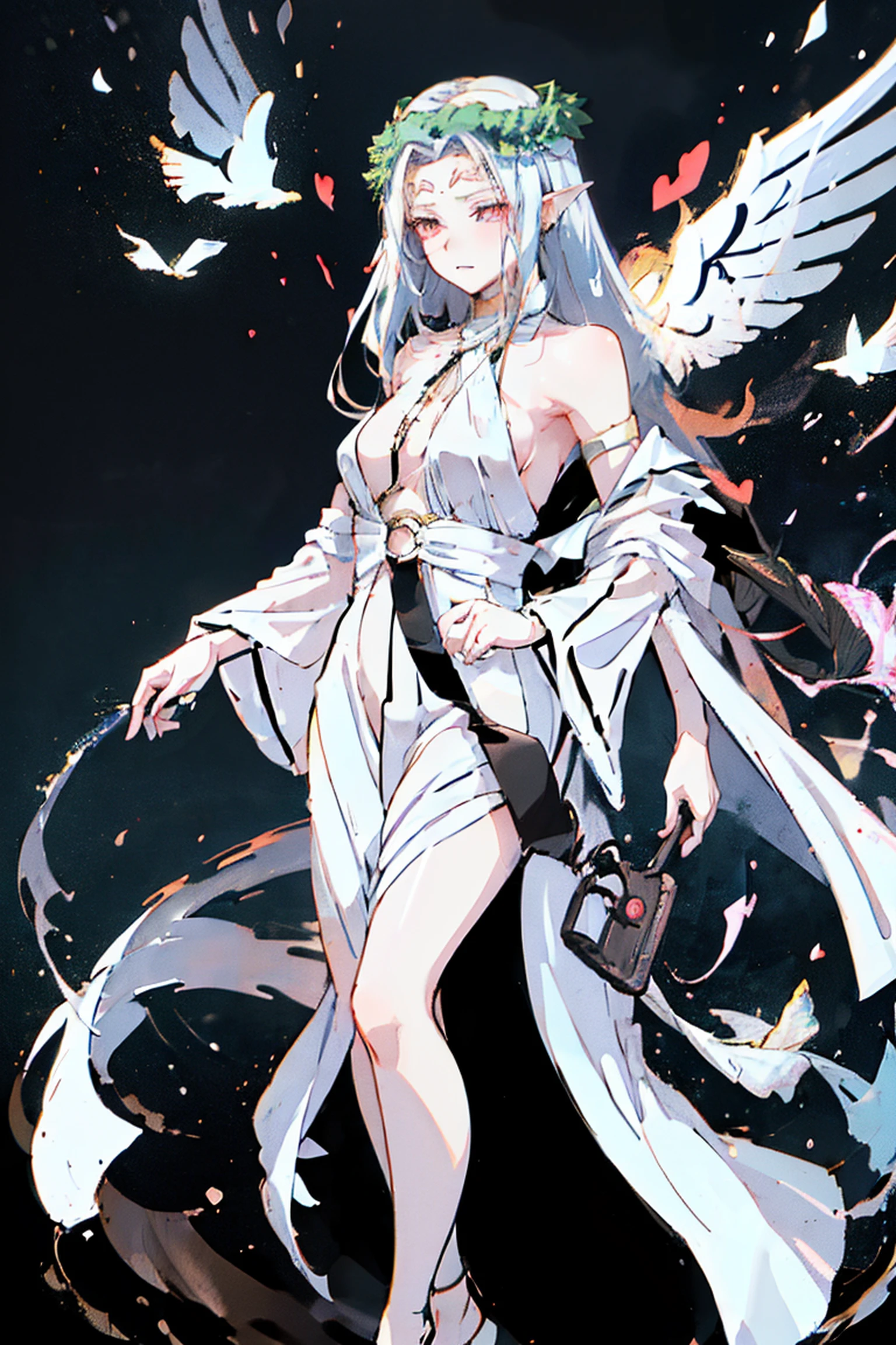 anime character dressed in black and white military attire, ((wearing aristocrat robe)), beautiful androgynous prince, anime key visual of elegant, royal military attire, shoulder cape, tall anime guy with red eyes, black background, fullbody image, adult male, simple background, solo, demon, wings, long white hair