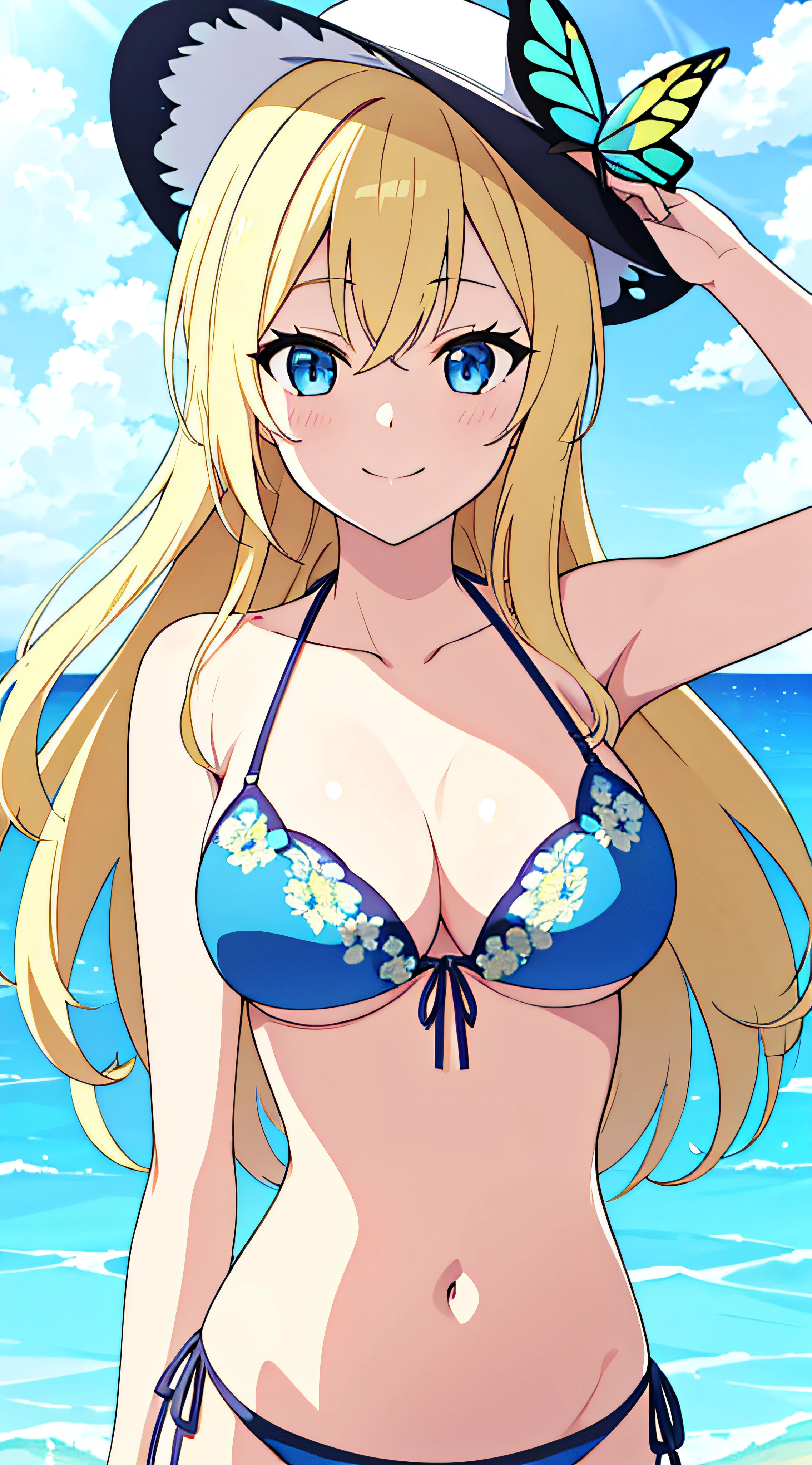 1girl, breasts, solo, kashiwazaki_sena, blonde_hair, swimsuit, bikini, one_eye_closed, hair_ornament, blue_eyes, large_breasts, hat, smile, long_hair, butterfly_hair_ornament, blue_bikini, sun_hat, looking_at_viewer, day, bracelet, flower, navel, jewelry, cleavage, sky, front-tie_top, upper_body, butterfly, halterneck, string_bikini, ;), collarbone, outdoors, blue_sky, bug, cloud, bangs, underboob, closed_mouth,