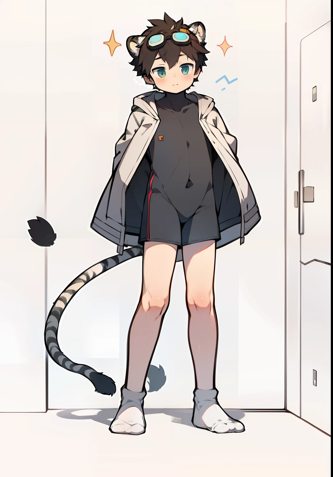 Cotton socks，coat large，One-piece loungewear，Shota boy，Protective goggles，White tiger ears and tail