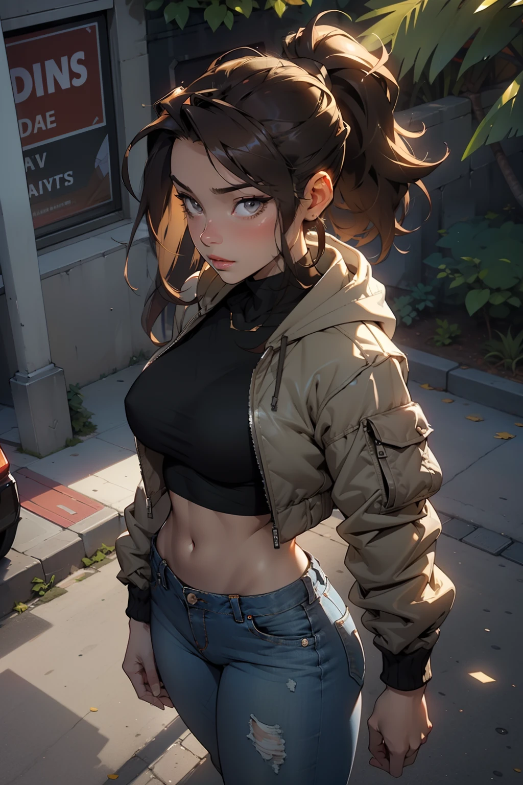 beautiful young woman, 4k, high quality, dynamic light, godrays, beautiful lighting, dynamic lighting and shadows, light through foliage, big breasts, highlights, shining skin, glowing lights, bright reflections, shimmering light reflections, street clothes, hat, long brown hair in ponytail, jacket, layers of clothing, urban wear, pants, hoodie, bomber jacket, black shirt, asian, navel exposed, looking up at viewer, viewer looking down, top down shot, looking up, viewed from above, perspective, tight toned stomach, young toned stomach, thin waist