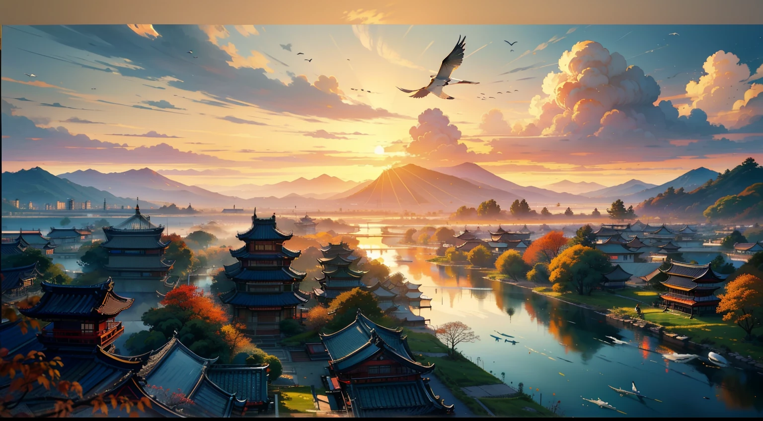 Embroidery,Leaning over,Yamabara has a clear view,Kawasawa was shocked。Lu Yan flew to the ground,Bells Food House;Shipultyazu,The home of the Green Sparrow Yellow Dragon Armour。The clouds are raining,Cai Che District Ming。The sunset and the solitary crane fly together,The autumn water is the same for a long time。Fishing boats sing late,Sounded the shore of poor Penley;The wild geese were frozen,The sound cuts off the shop of Hengyang。(Sunset landscape painting),((The vista is a huge sunset over the skyline)),(Connected to the lake),((Flying birds)),((Several ships)),Autumn tones,(an Chinese ink painting style),(Masterpiece),(Extremely detailed picture description),(8k wallpaper),(Master painting),(Noticeable light and shadow effects),(Ray traching),(Obvious layers),(depth of fields),(best qualityer),Ray