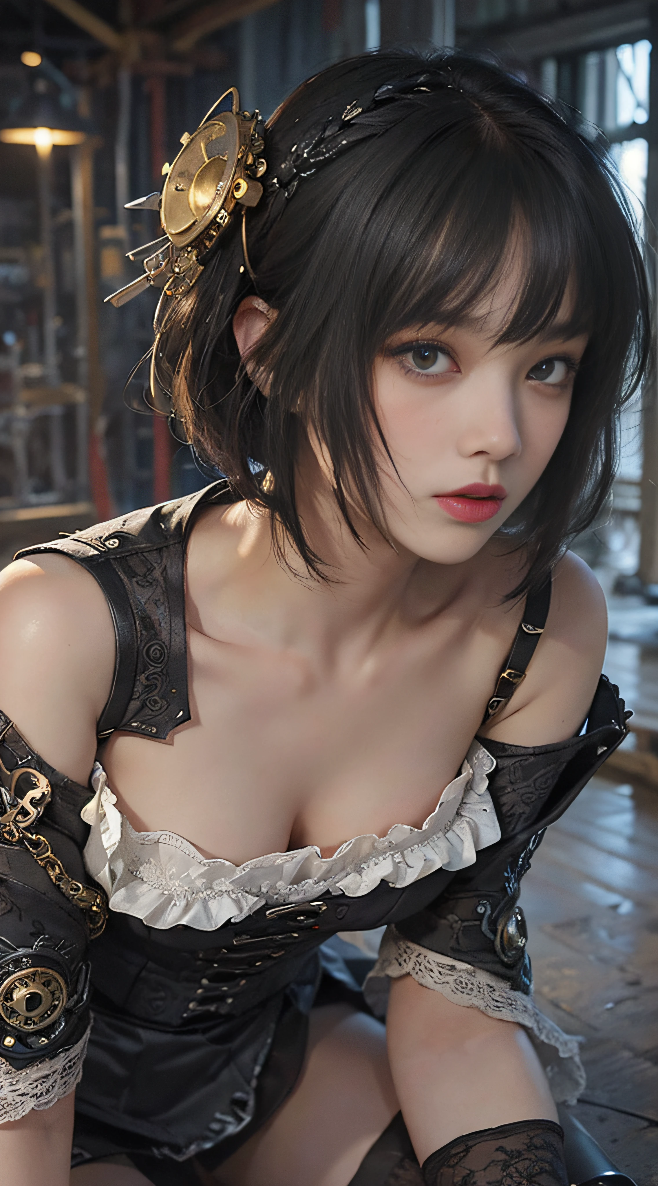 (((Masterpiece, top quality, super detailed))), One female, Very Slender body ,Long, thin legs, (((short black bob, thick puffy bangs ))), (((very detailed face))), cosmetics-free, small thin nose, small thin-lipped mouth, (((very sharp focused eyes))), large slit precision pale grey eyes, sparkling like jewels, Long eyelashes, ((Very Excessively decorative intricate mechanical steampunk fashion, Flared mini skirt, Lace stockings above the knee, Off-shoulder gothic ta decorative fashion)), The night an abandoned, intricately mechanized steampunk factory burns and explodes, (((overall accuracy has improved dramatically, creating a super detailed and realistic image))), Super realistic photo.