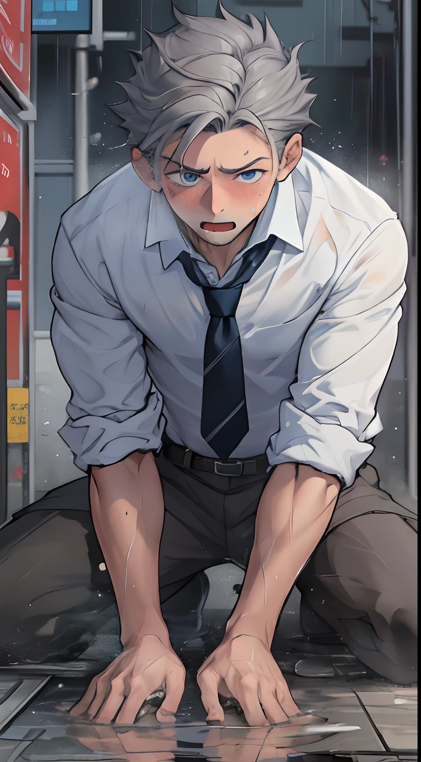 (1 Adult male),A high resolution, Sharp focus, Pixiv masterpiece, ((Complicated details)), highly detailed, natsuki_subaru,Multi-view upper body,Suit pants view, 1 man,is shy,Pee on the legs,pissing,Urine runs down the thighs,embarressed,exhilarated,is shocked,panicking,worry,A small puddle of their own urine forms around the feet,full bodyesbian,kneels on the ground,Very eager to pee,It's uncomfortable,Wet yourself,Urine discharge, Sweaty crotch,Drenched,rain,The shirt is soaked,(A gesture of pleading),blue color eyes(eyes glowing), Short gray hair,white shirt,Wear a tie,Wear a belt,Black suit trousers,perspire,look from down