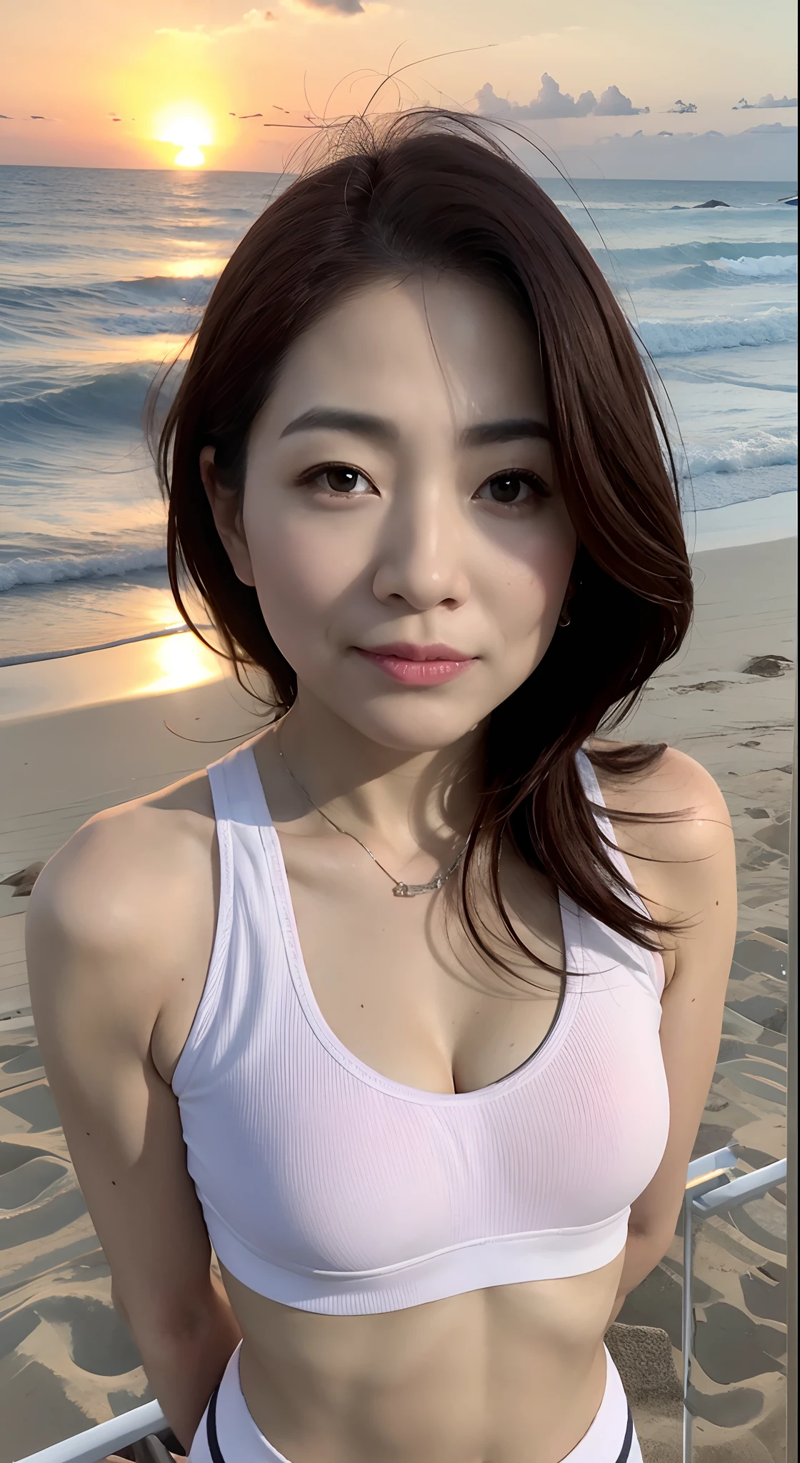 ((top-quality、8K、masterpiece:1.3))、Photorealsitic, foco nítido, high-level image quality, hight resolution, Portrait, Solo, japanes, Middle-aged woman, Beautie, A sexy, (NSFW:1.5),(nudde:1.3),Sex Objects,40 years old, (a small face:1.3), (heavy make up:1.1)、Smaller chest, Bob Hair, (wetting hair:1.2), (Wrinkles at the corners of the eyes:0.6), Honolulu Beach, in beach, Sunset,
