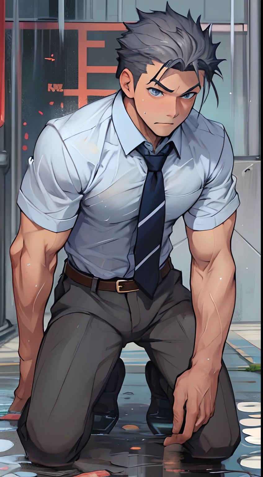 (1 Adult male),A high resolution, Sharp focus, Pixiv masterpiece, ((Complicated details)), highly detailed, natsuki_subaru,Multi-view upper body,Suit pants view, 1 man,is shy,Pee on the legs,pissing,Urine runs down the thighs,embarressed,exhilarated,is shocked,panicking,worry,A small puddle of their own urine forms around the feet,full bodyesbian,kneels on the ground,Very eager to pee,It's uncomfortable,Wet yourself,Urine discharge, Sweaty crotch,Drenched,rain,The shirt is soaked,(A gesture of pleading),blue color eyes(eyes glowing), Short gray hair,white shirt,Wear a tie,Wear a belt,Black suit trousers,perspire,look from down