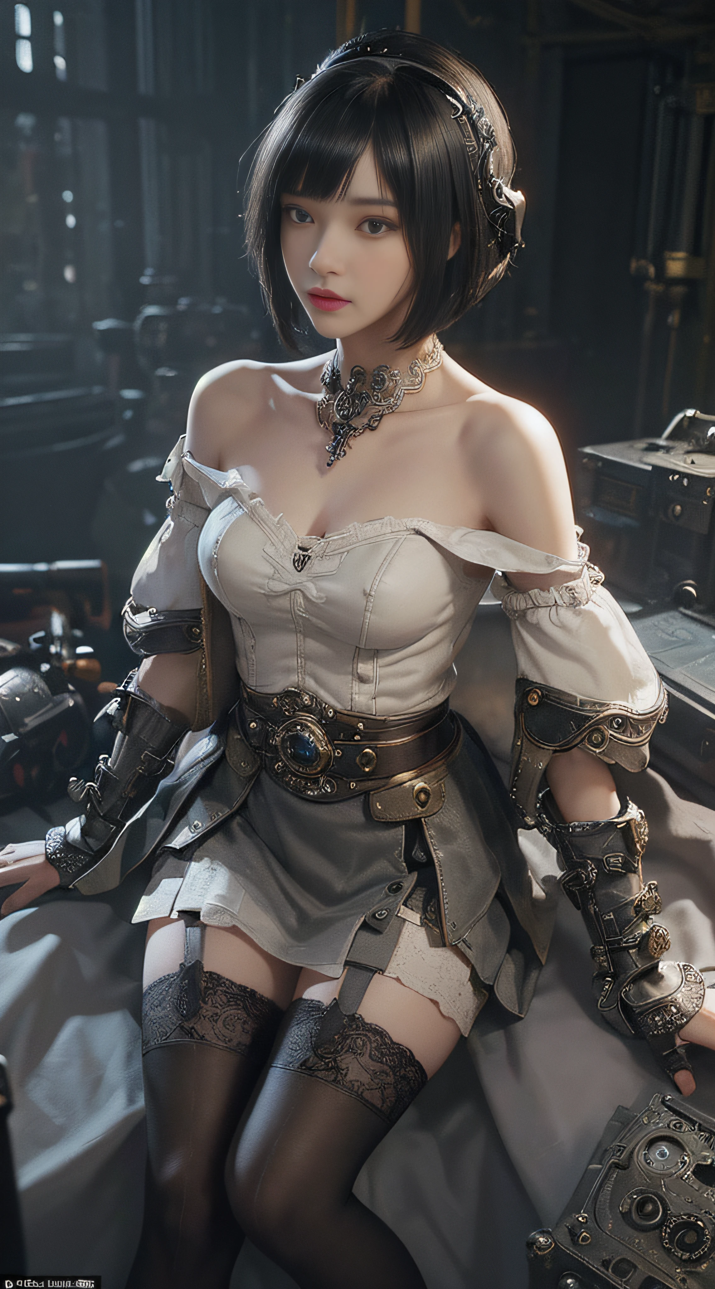 (((Masterpiece, top quality, super detailed))), One female, Very Slender body ,Long, thin legs, (((short black bob, thick puffy bangs ))), (((very detailed face))), cosmetics-free, small thin nose, small thin-lipped mouth, (((very sharp focused eyes))), large slit precision pale grey eyes, sparkling like jewels, Long eyelashes, ((Very Excessively decorative intricate mechanical steampunk fashion, Flared mini skirt, Lace stockings above the knee, Off-shoulder gothic ta decorative fashion)), The night an abandoned, intricately mechanized steampunk factory burns and explodes, (((overall accuracy has improved dramatically, creating a super detailed and realistic image))), Super realistic photo.