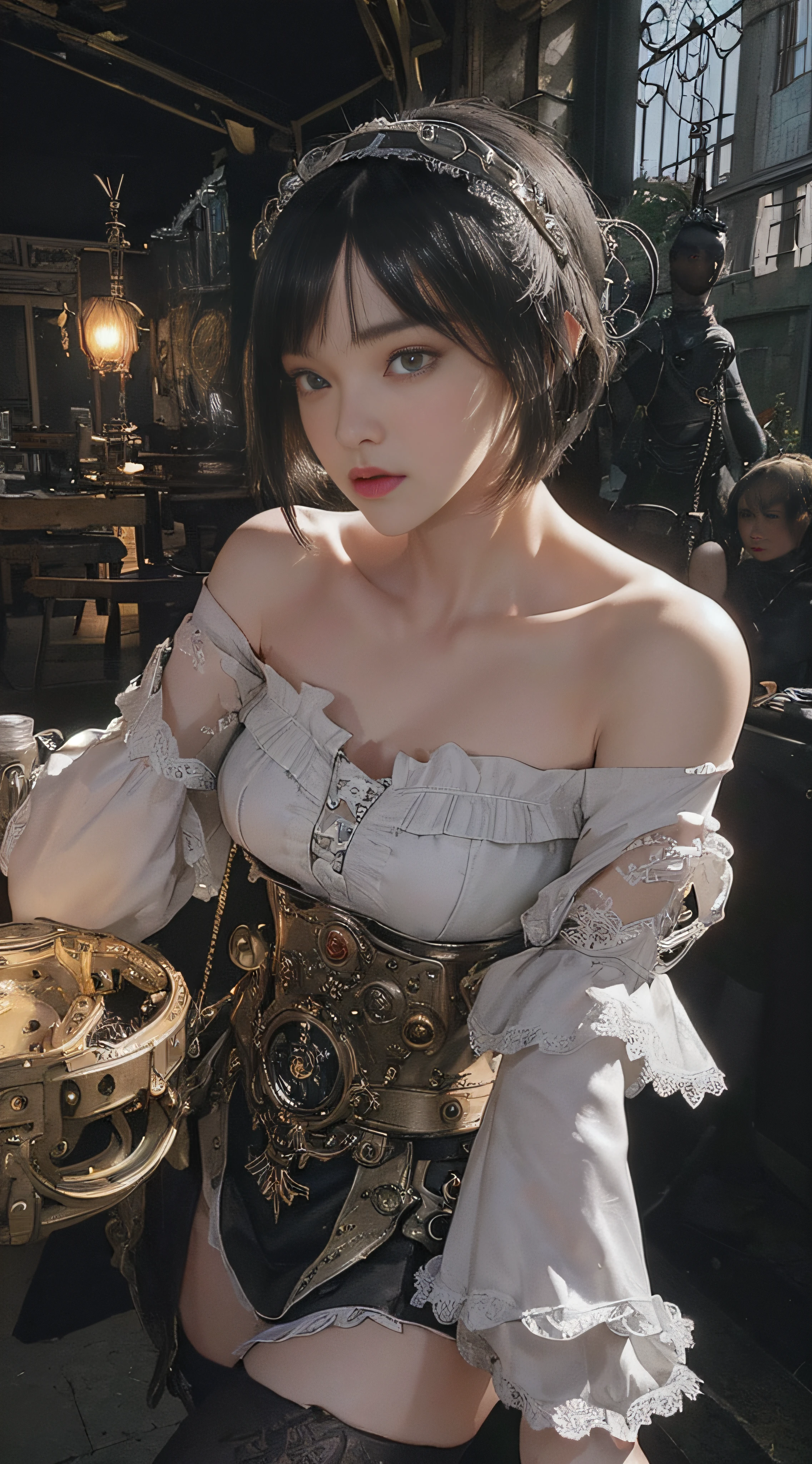 (((Masterpiece, top quality, super detailed))), One female, Very Slender body ,Long, thin legs, (((short black bob, thick puffy bangs ))), (((very detailed face))), cosmetics-free, small thin nose, small thin-lipped mouth, (((very sharp focused eyes))), large slit precision pale grey eyes, sparkling like jewels, Long eyelashes, ((Very Excessively decorative intricate mechanical steampunk fashion, Flared mini skirt, Lace stockings above the knee, Off-shoulder gothic ta decorative fashion)), The night an abandoned, intricately mechanized steampunk factory burns and explodes, (((overall accuracy has improved dramatically, creating a super detailed and realistic image))), Super realistic photo.
