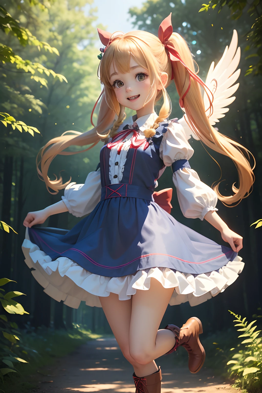 ,(1girl in),( absurdly , High quality , ultra-detailliert ),(Summer in the morning),(masutepiece),(Bedroom in the forest),(Long-haired blonde twintails),（Blue Maid Long Dress）,with a red ribbon on the head,,,,,,,(Cute 3D anime petite girl rendering),Super Detailed Beautiful Girl,Energetic pose,Laughing,jump up、watching at viewers,I have a basket,Wearing long boots,Has angel wings,Halo,Full of heart