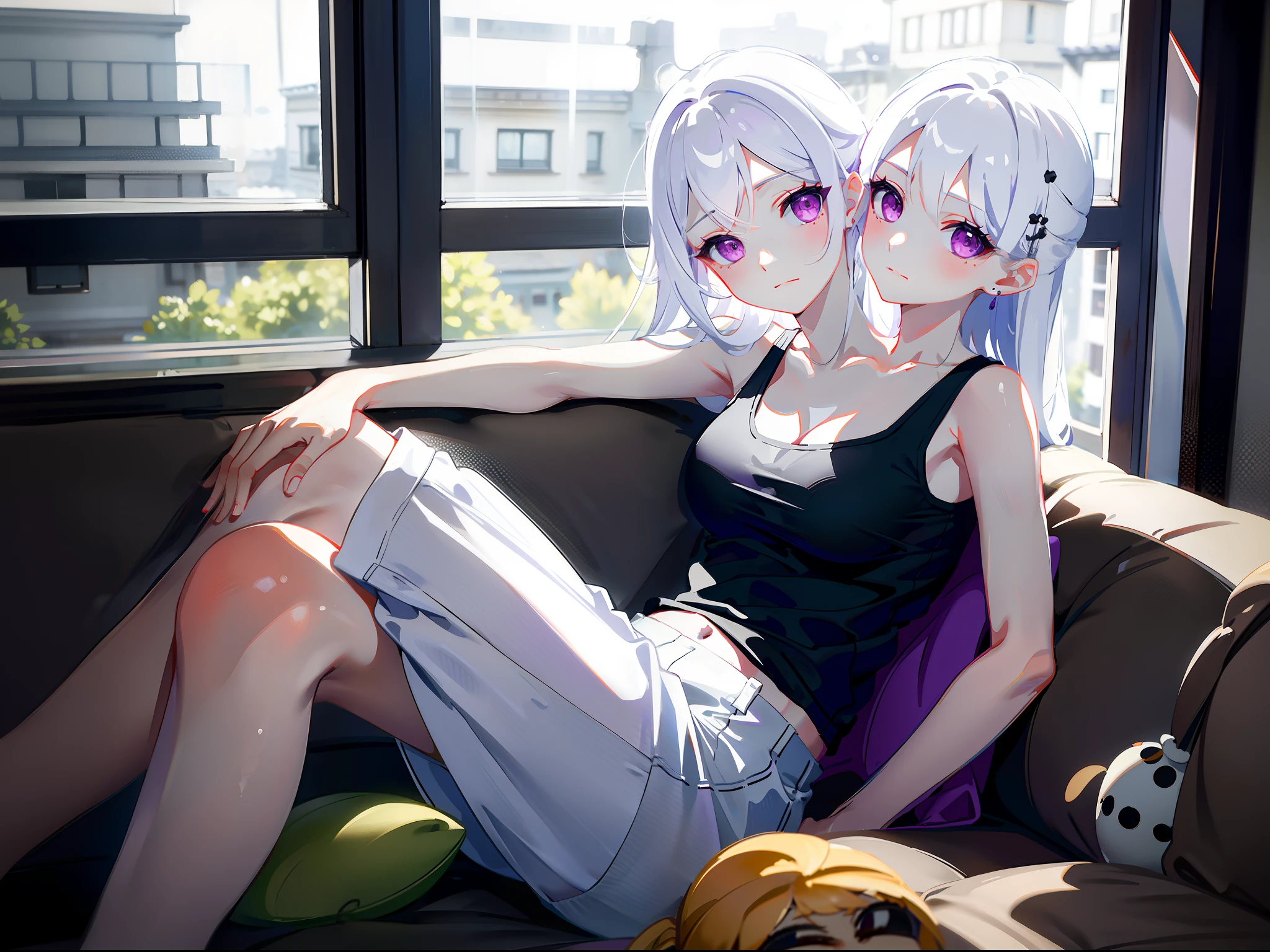 ndfw,(2 girls),duo,breast,absurdres,best quality,very aesthetic,absurdres,bra,(light silver White hair),Thighs,(purple bra),(straight-on),legs,(officeready:1),(tan),(topless),Attractive face,masterpiece,best quality,very aesthetic,absurdres