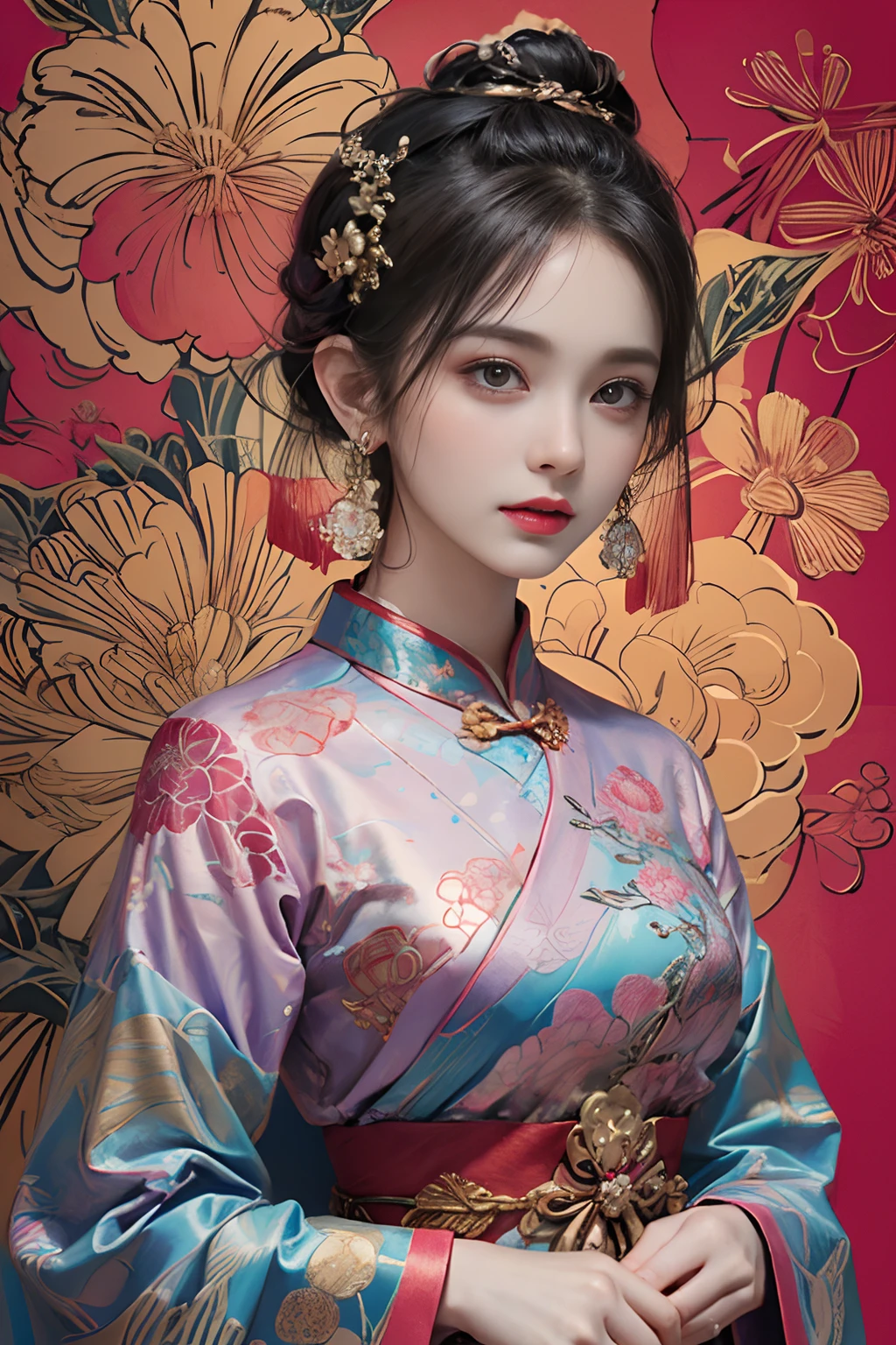(masterpiece, top quality, best quality, official art, beautiful and aesthetic:1.2), (1girl:1.3), extremely detailed,(fractal art:1.1),(colorful:1.1)(flowers:1.3),highest detailed,(zentangle:1.2), (dynamic pose), (abstract background:1.3), (chinese Traditional cloth:1.2), (shiny skin), (many colors:1.4), ,(earrings:1.4),