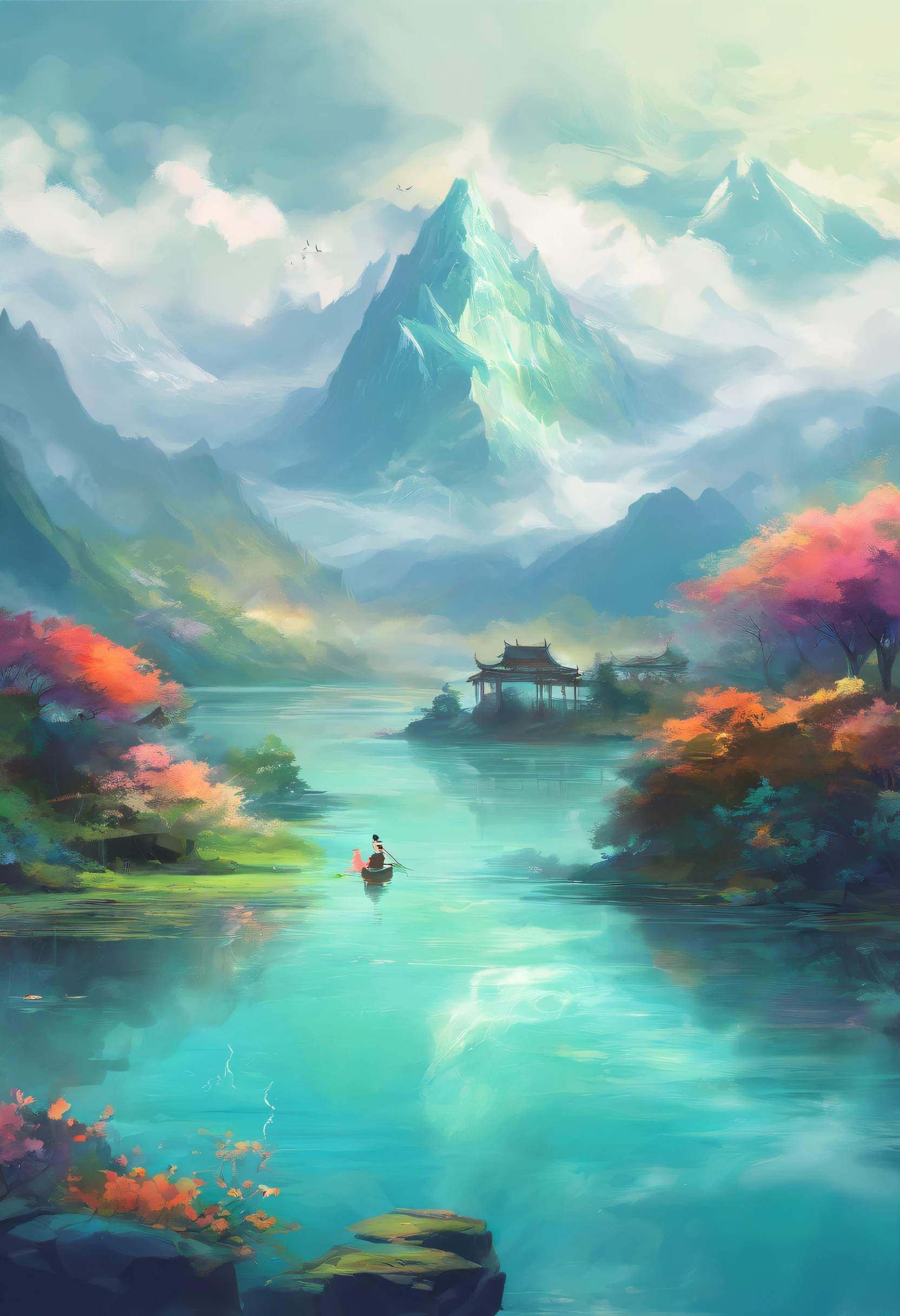 The lake is surrounded by continuous mountain peaks。The lake is turquoise,Clear。When there is no wind,Horizontal as a mirror,Blossoming white clouds,The green mountain shadow is reflected on the surface of the lake,Mountains and waters,Merge with。Fish large and small move through the water,It seems to be swimming between the sublime white clouds,It makes people feel like they are in a fairyland。
